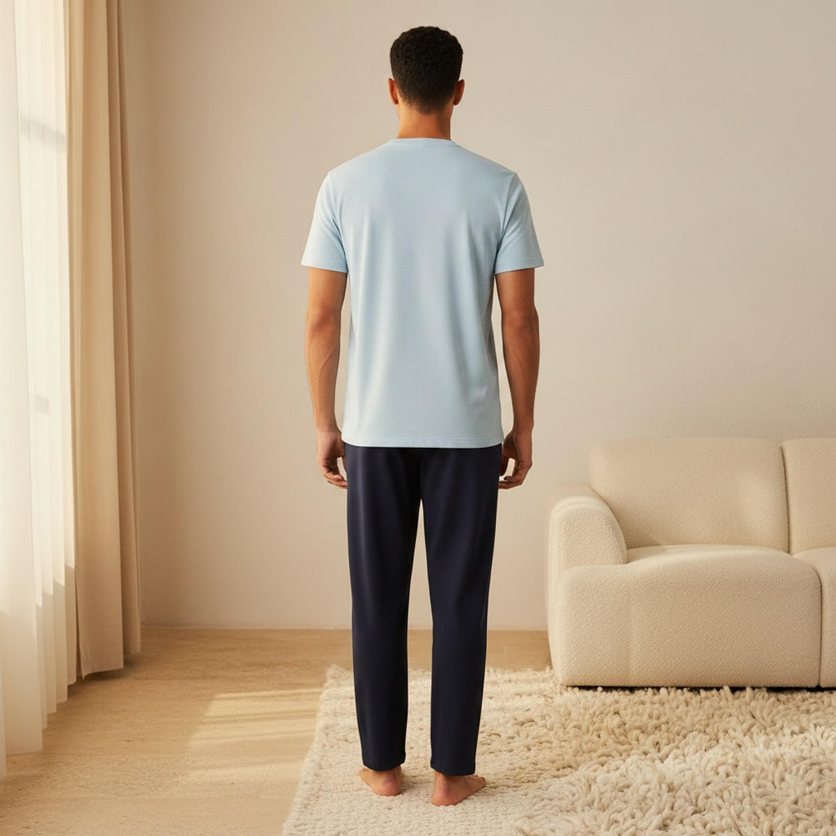 طقم بيجاما رجالي بارز الملمس بياقة هنلي-men-clothing-nightwear-sets-image-4