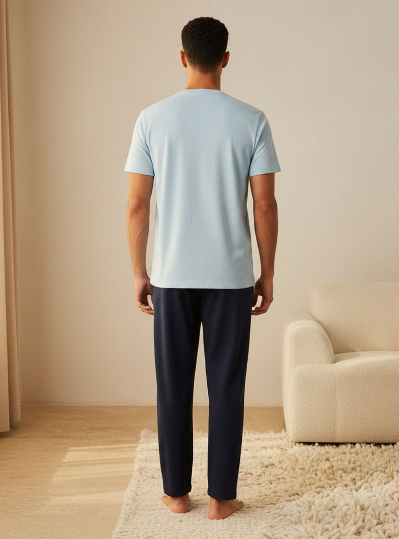 طقم بيجاما رجالي بارز الملمس بياقة هنلي-men-clothing-nightwear-sets-image-4
