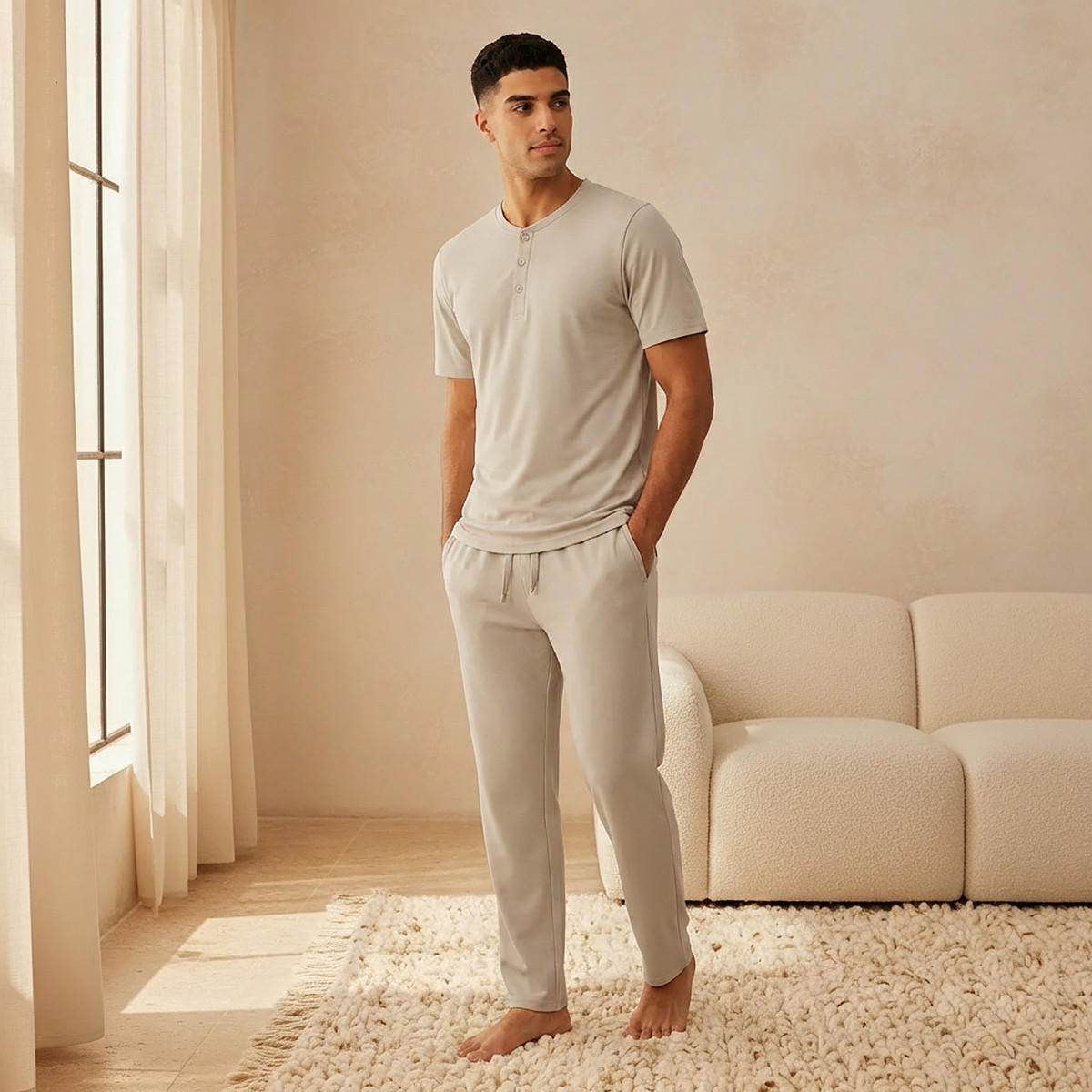 Men Drawstring Waist Nightwear Set-men-clothing-nightwear-sets-image-1