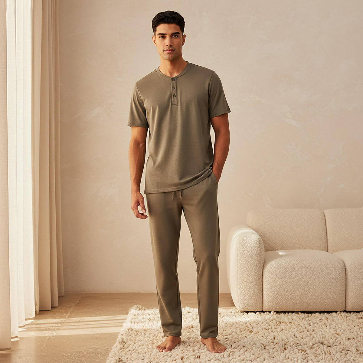 Men Drawstring Waist Nightwear Set-men-clothing-nightwear-sets-image-1