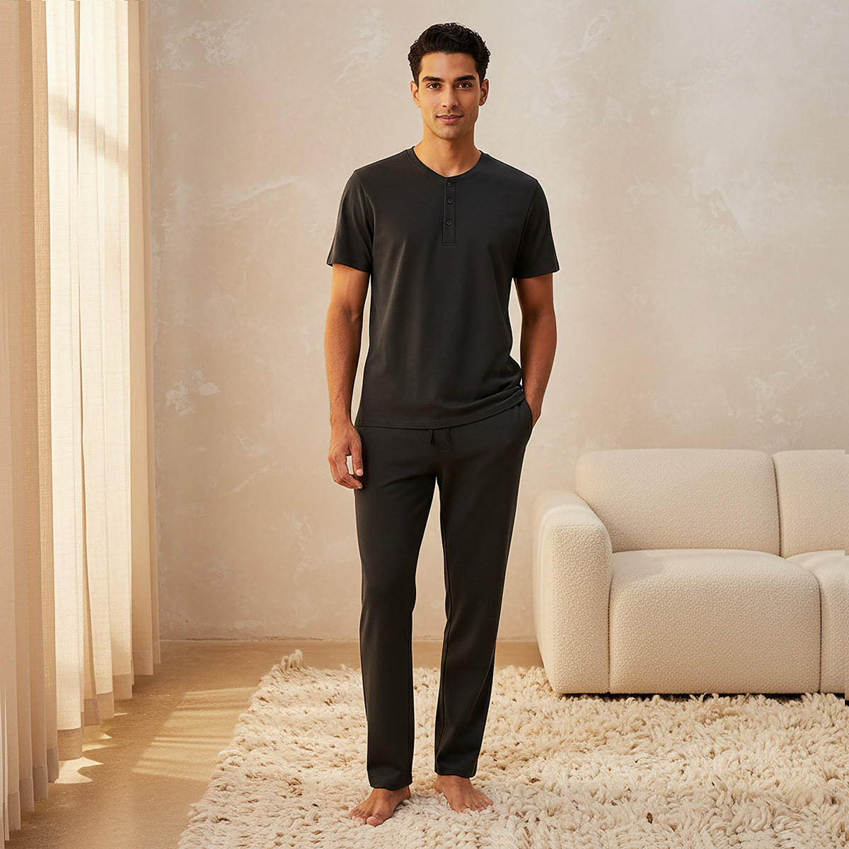 Men Drawstring Waist Nightwear Set-men-clothing-nightwear-sets-image-1