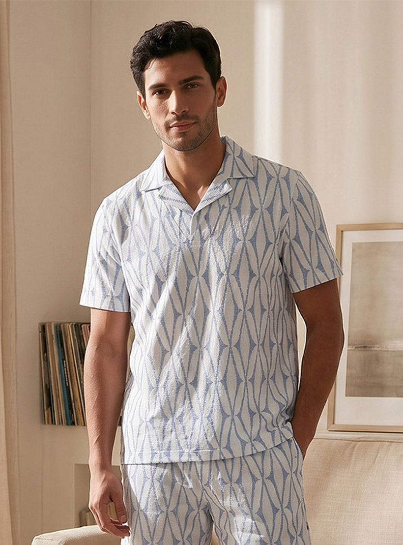 طقم بيجاما جاكار بياقة كامب-men-clothing-nightwear-sets-image-3