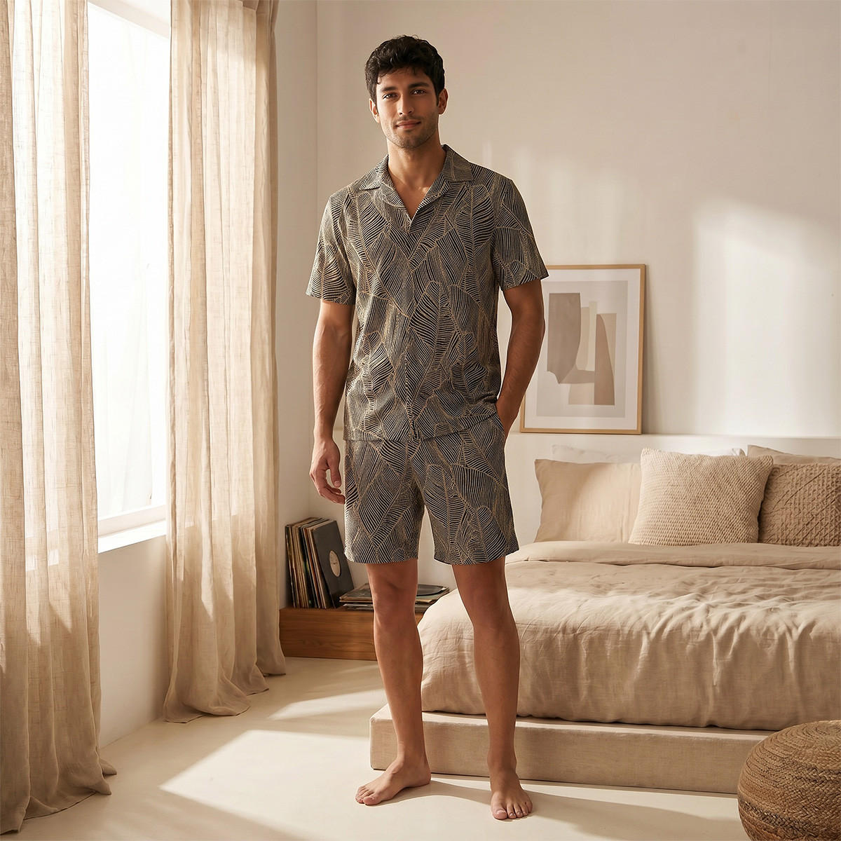 طقم بيجاما جاكار بياقة كامب-men-clothing-nightwear-sets-image-1