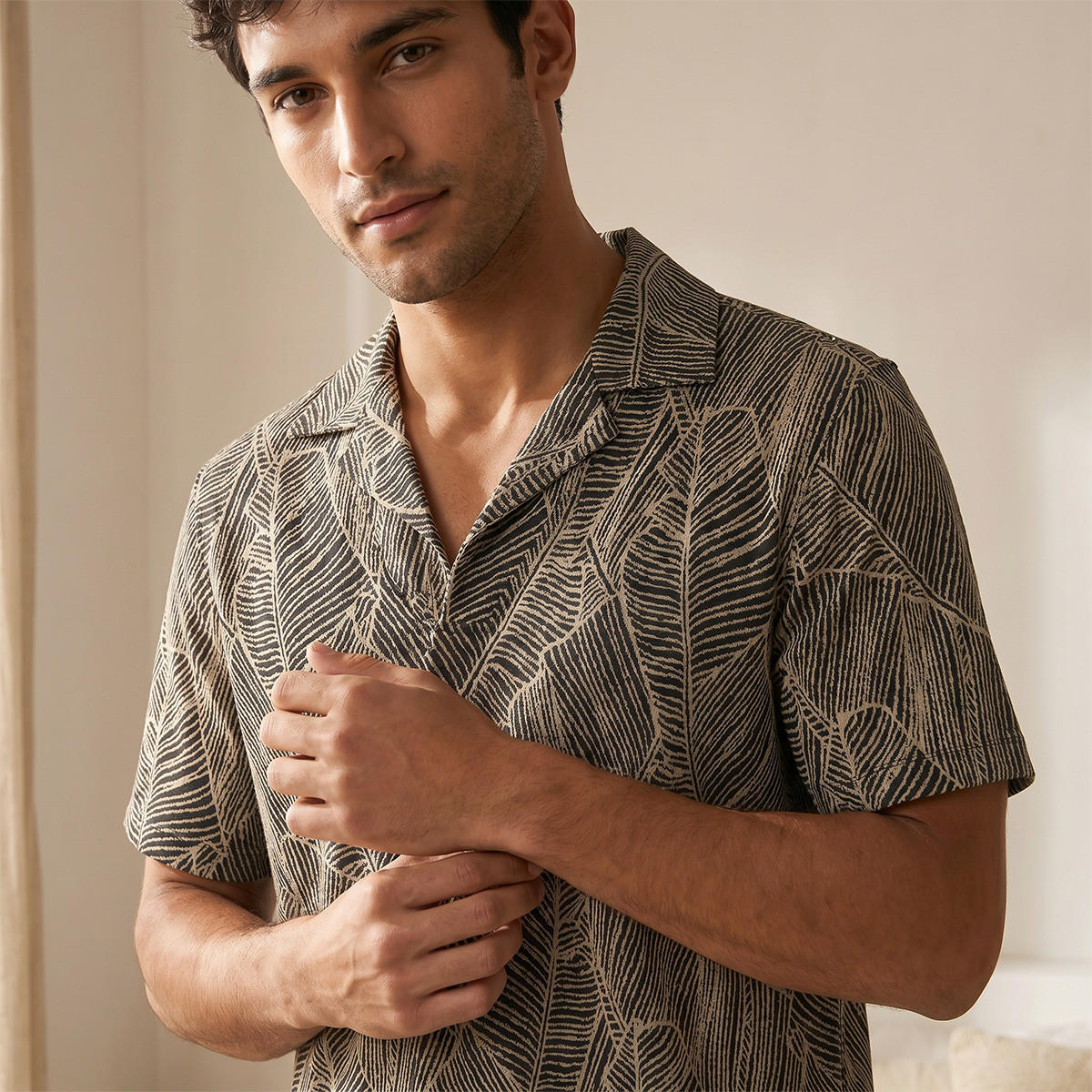 طقم بيجاما جاكار بياقة كامب-men-clothing-nightwear-sets-image-10