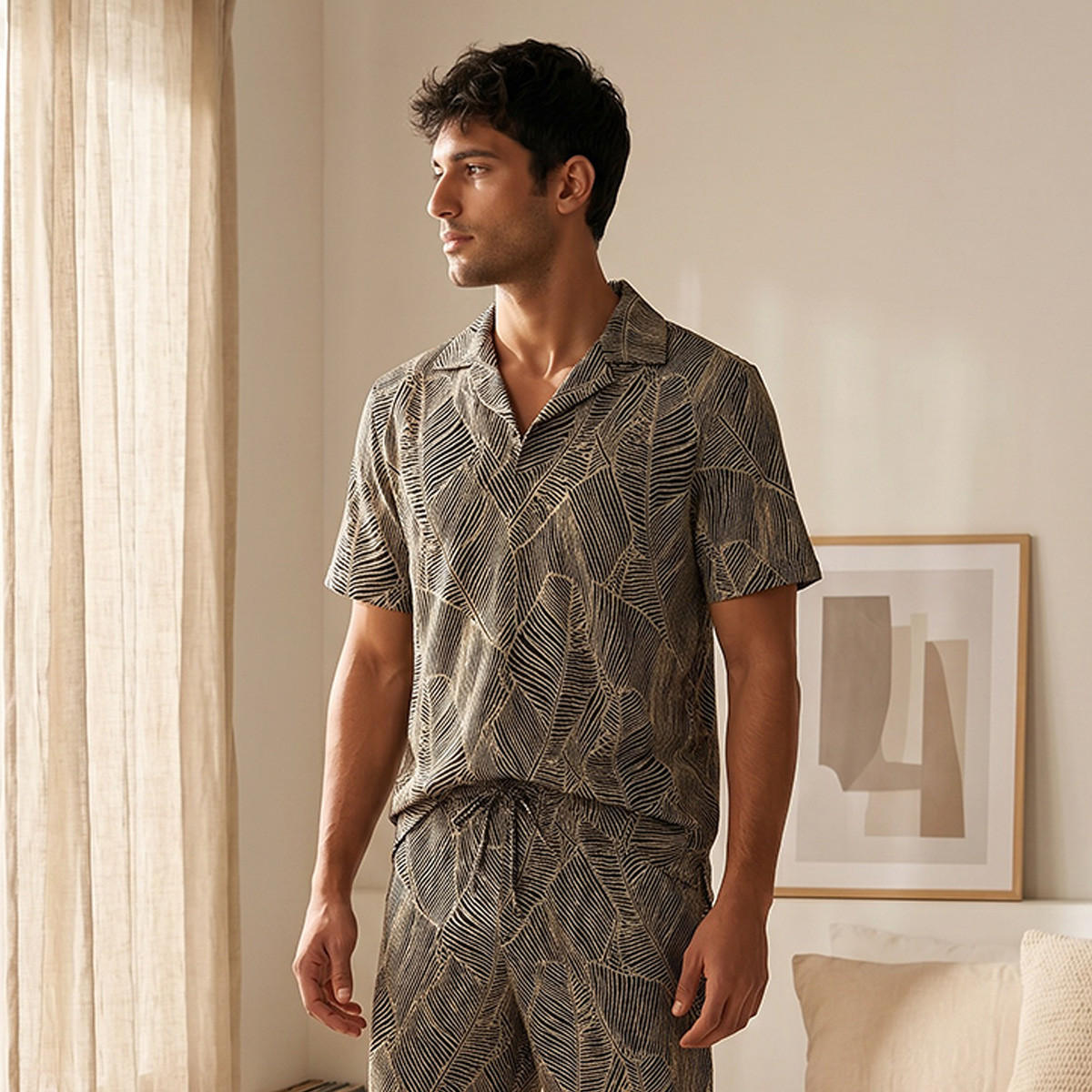 طقم بيجاما جاكار بياقة كامب-men-clothing-nightwear-sets-image-4