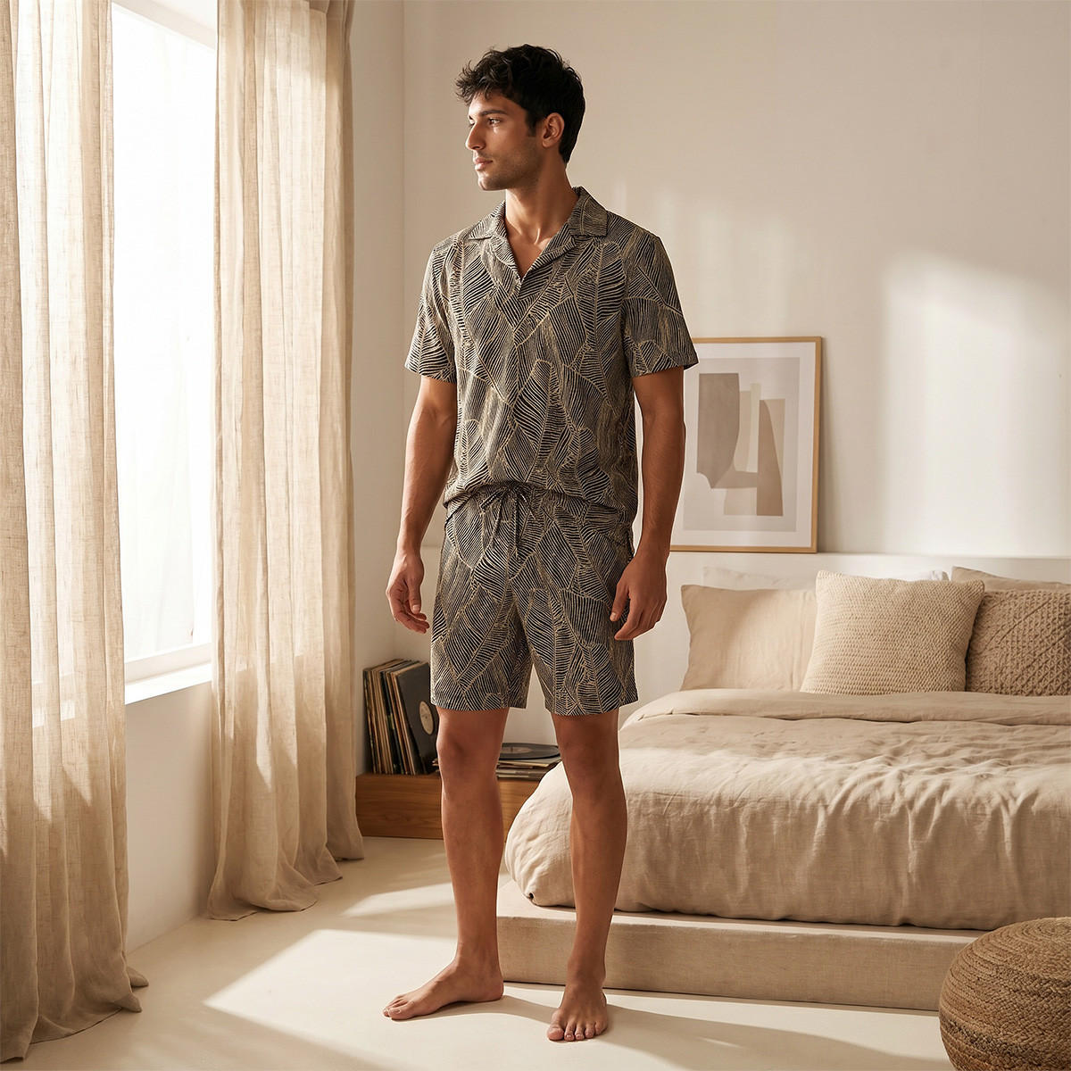 طقم بيجاما جاكار بياقة كامب-men-clothing-nightwear-sets-image-7