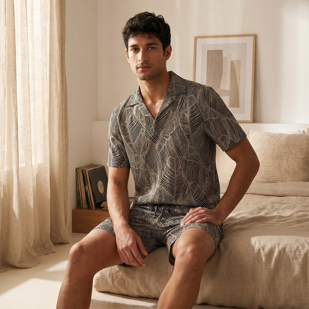 طقم بيجاما جاكار بياقة كامب-men-clothing-nightwear-sets-image-9