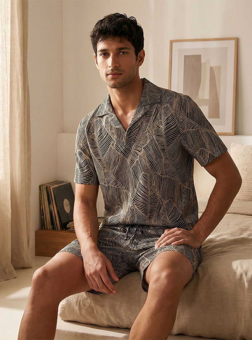 طقم بيجاما جاكار بياقة كامب-men-clothing-nightwear-sets-image-9