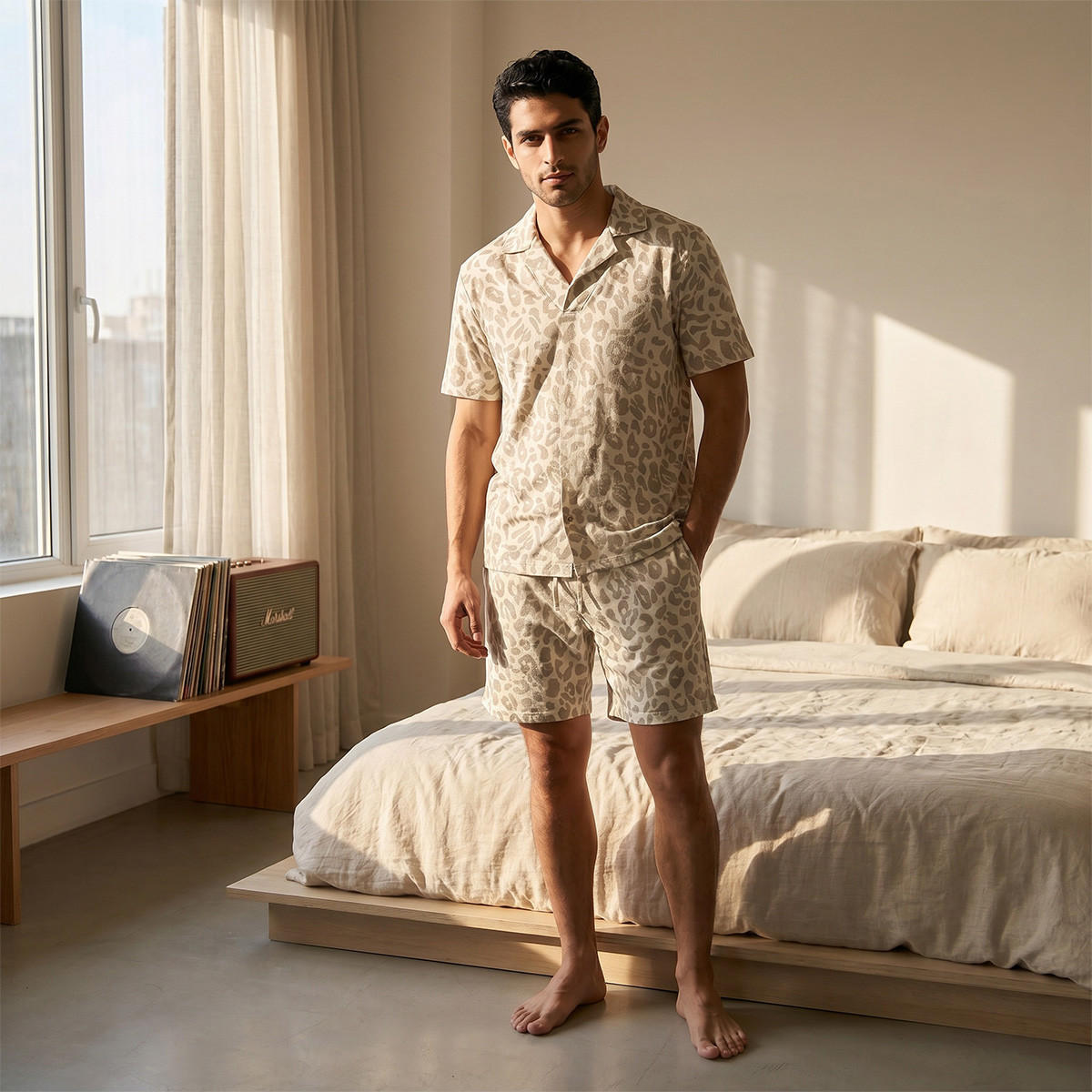طقم بيجاما جاكار بياقة كامب وطبعات حيوانات-men-clothing-nightwear-sets-image-1