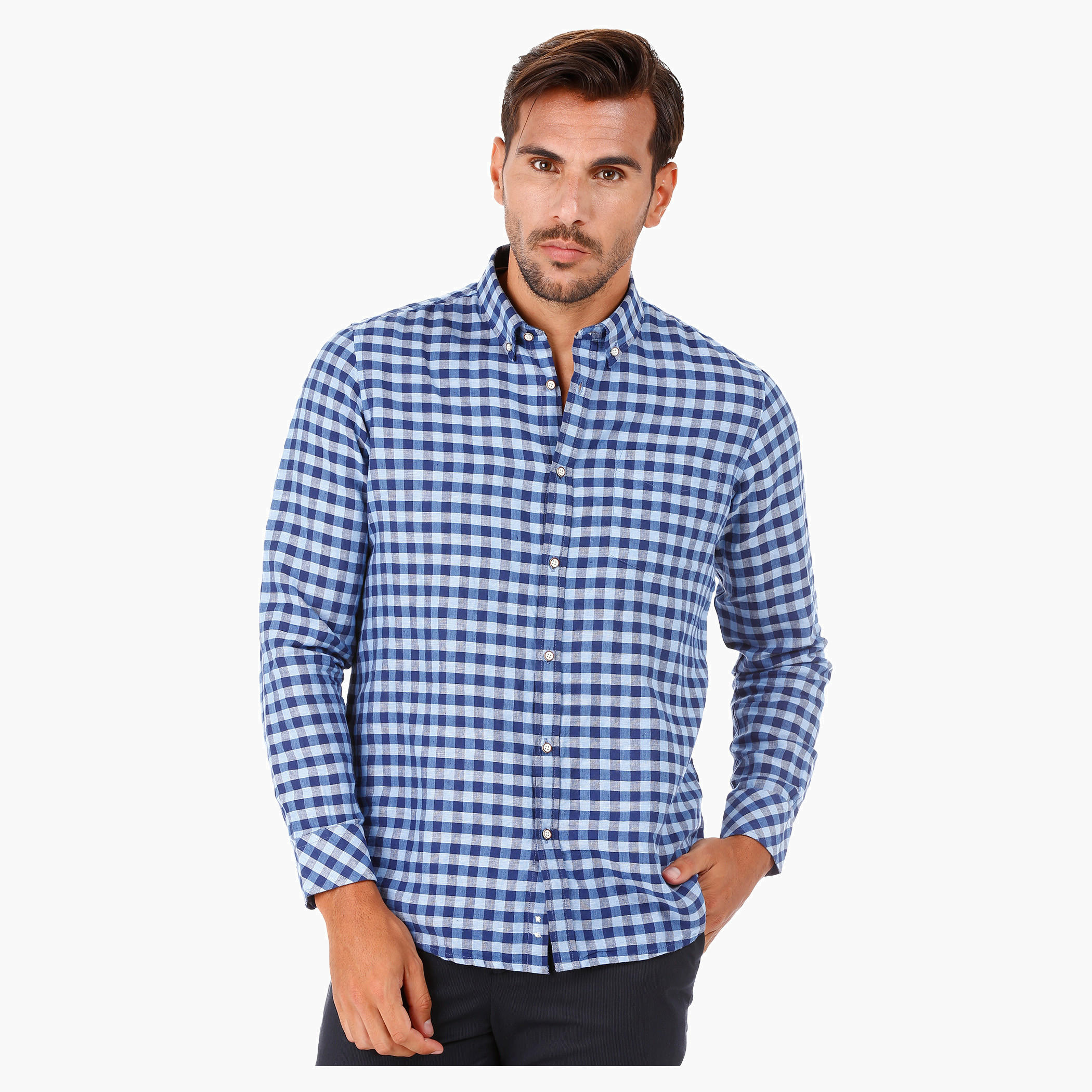 Checked Linen Shirt with Long Sleeves in Regular Fit-men-clothing-shirts-image-1
