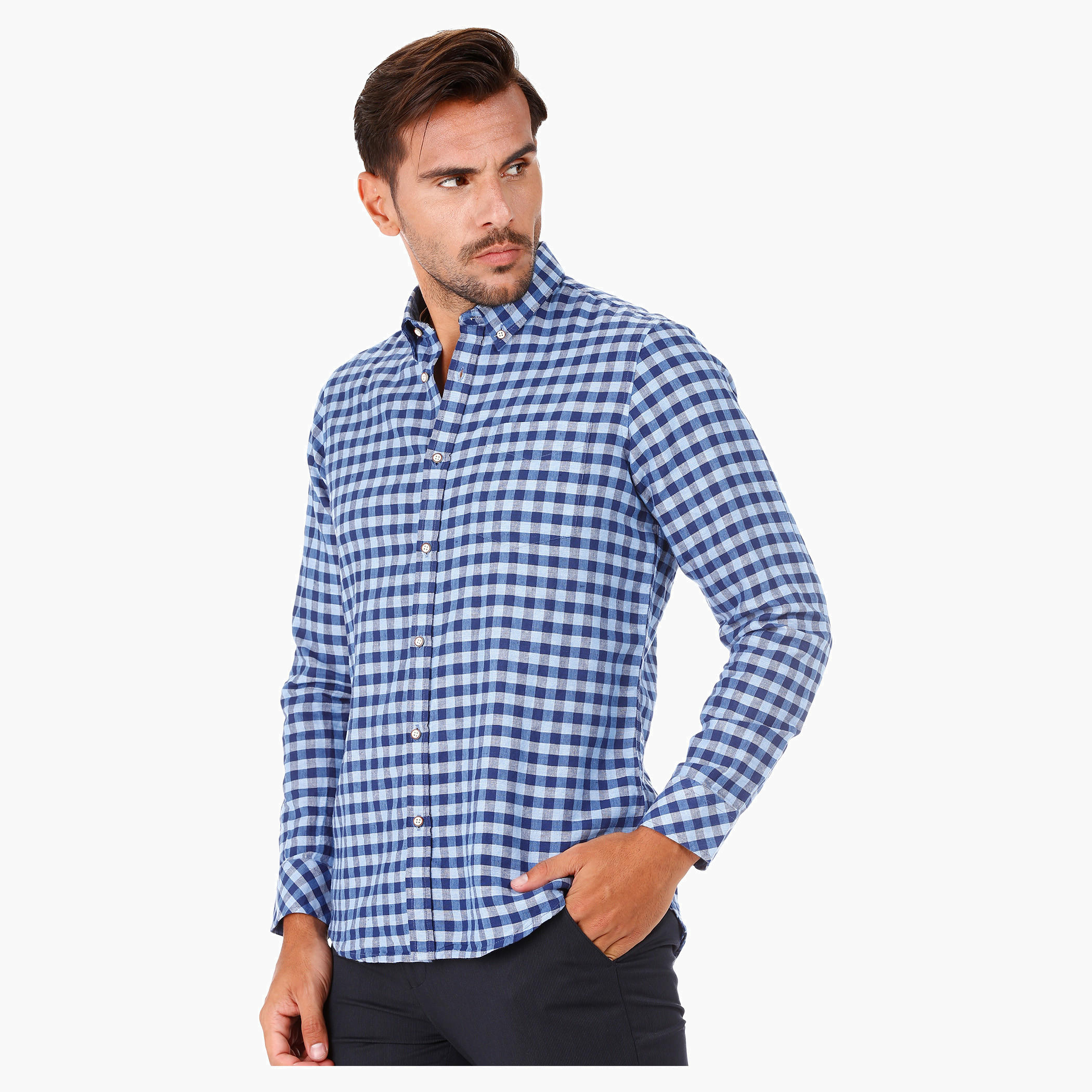 Checked Linen Shirt with Long Sleeves in Regular Fit-men-clothing-shirts-image-3