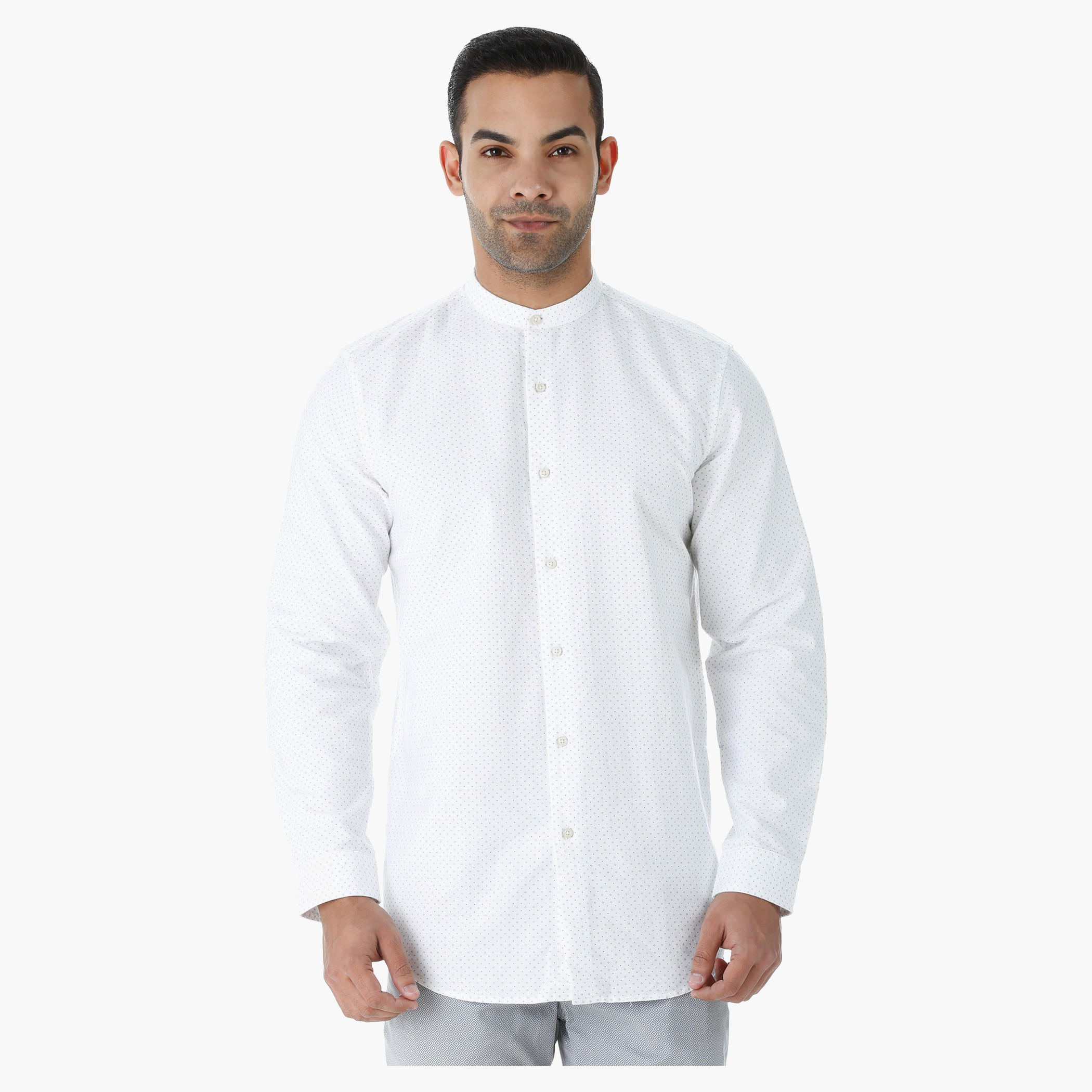 Printed Cotton Shirt with Mandarin Collar and Long Sleeves-men-clothing-shirts-image-1