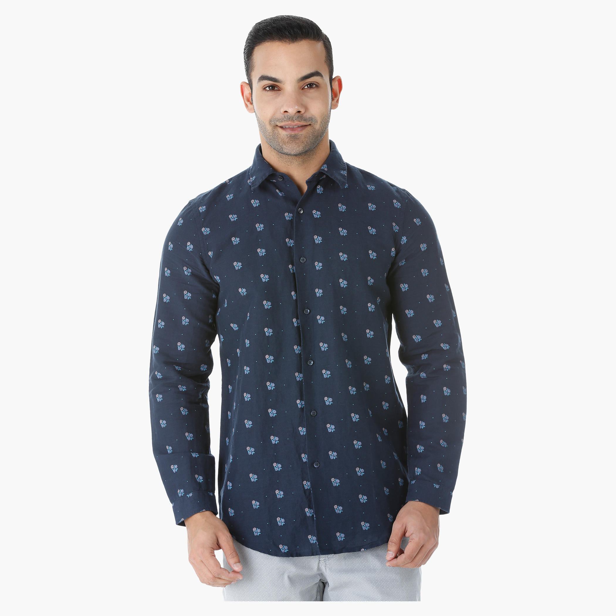 Printed Linen Shirt with Long Sleeves in Slim Fit-men-clothing-shirts-image-1