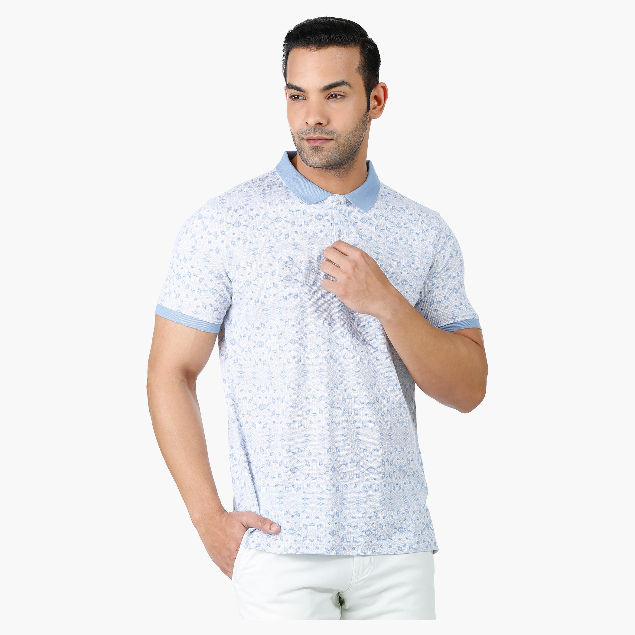 Geometric Print Cotton T-Shirt with Polo Neck and Short Sleeves in Regular Fit-men-clothing-tshirtsandpolos-polos-image-1