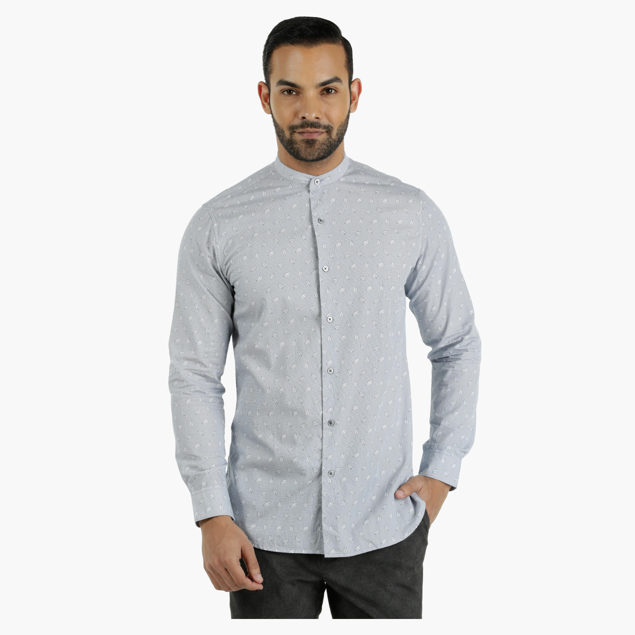 Printed Cotton Shirt with Mandarin Neck in Slim Fit-men-clothing-shirts-image-1