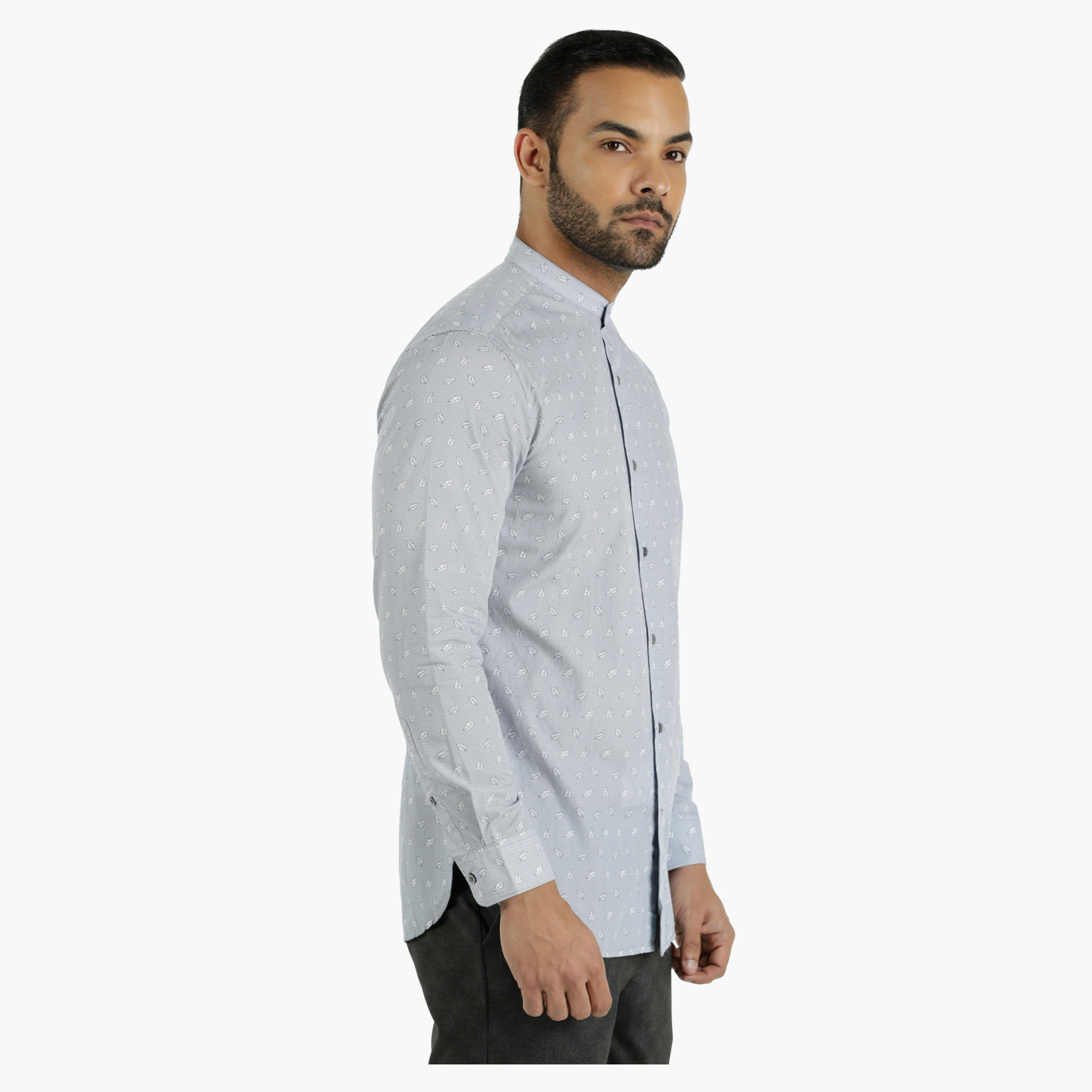 Printed Cotton Shirt with Mandarin Neck in Slim Fit-men-clothing-shirts-image-3