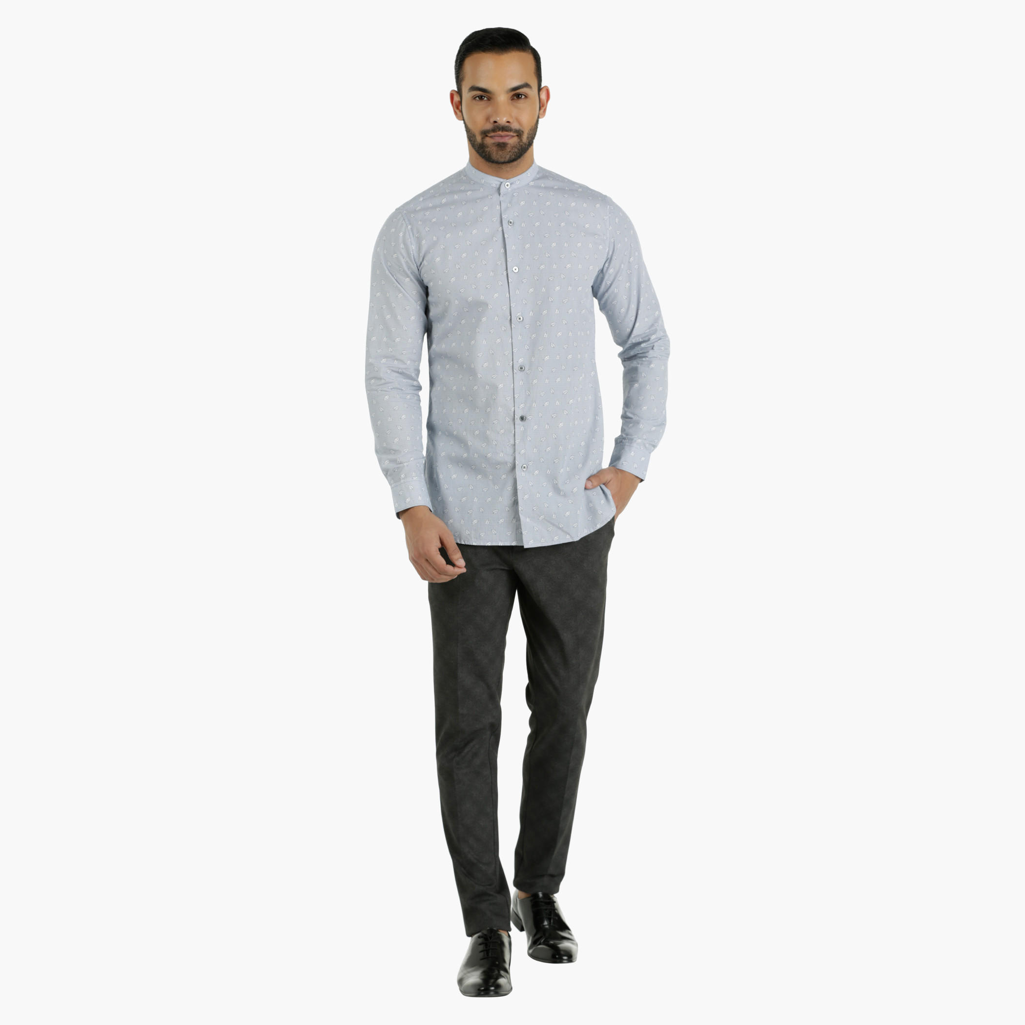 Printed Cotton Shirt with Mandarin Neck in Slim Fit-men-clothing-shirts-image-5