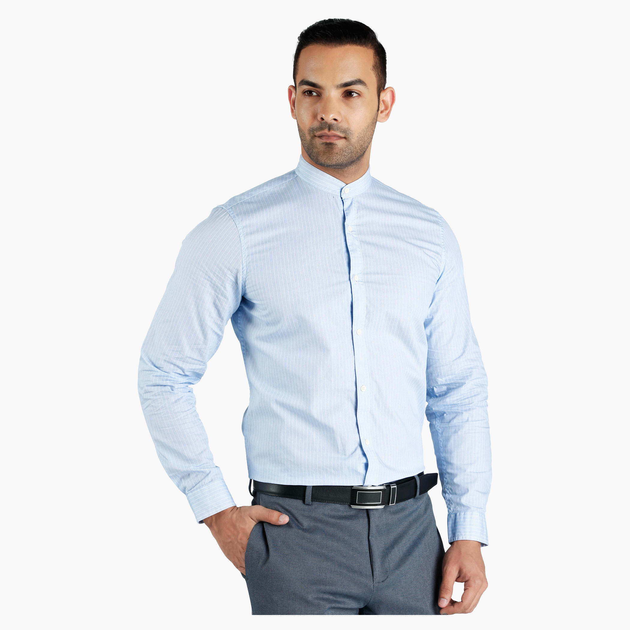 Striped Mandarin Collar Cotton Shirt in Slim Fit-men-clothing-shirts-image-1
