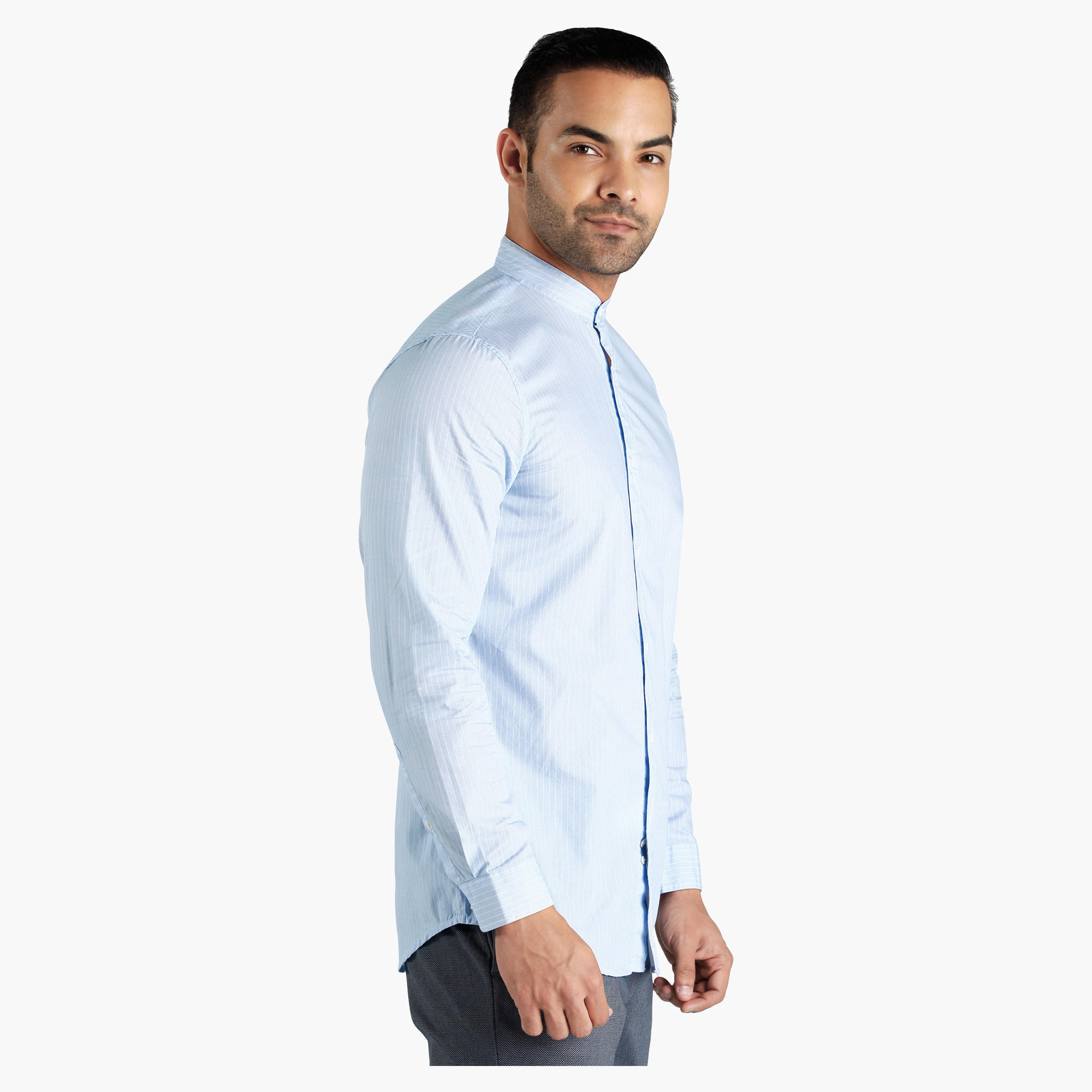Striped Mandarin Collar Cotton Shirt in Slim Fit-men-clothing-shirts-image-2