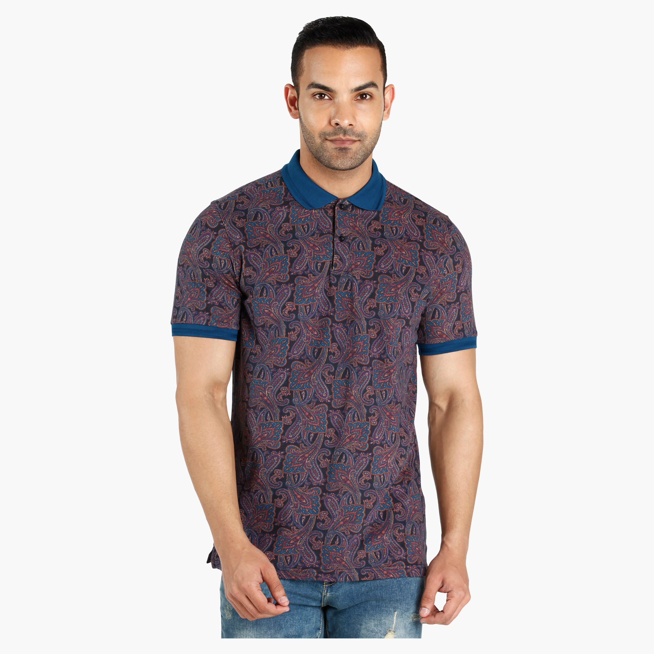 Paisley Print Polo Neck Cotton T-Shirt in Slim Fit-men-clothing-tshirtsandpolos-polos-image-1