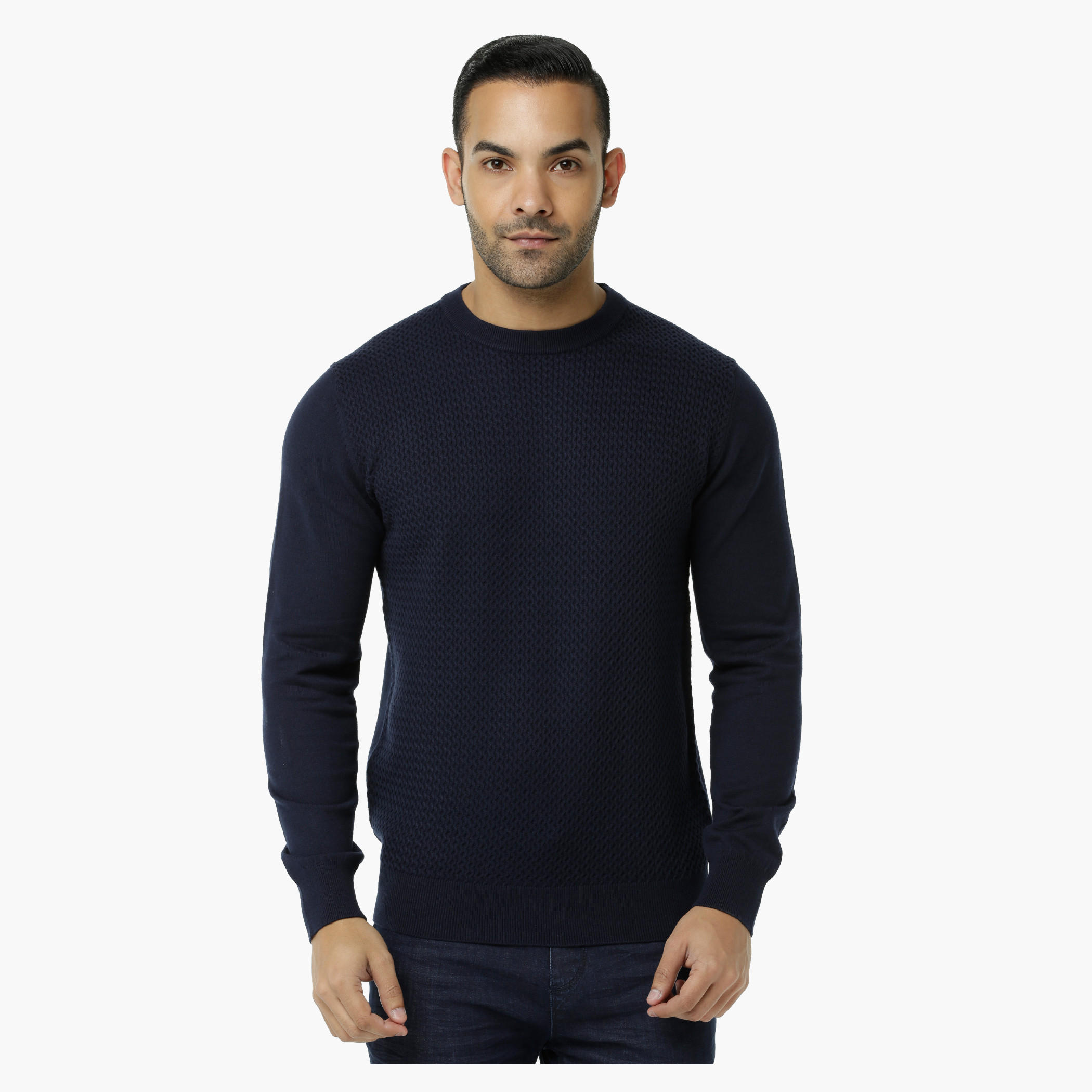 Textured Round Neck Sweater with Long Sleeves-men-clothing-sweatersandpullovers-image-1