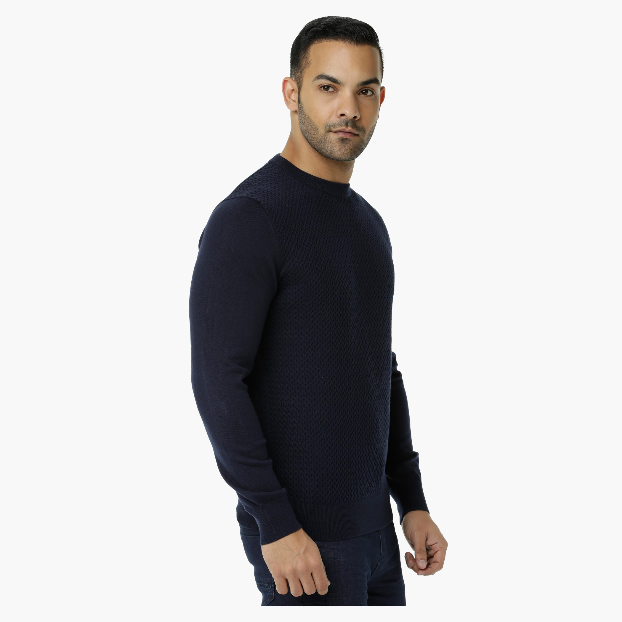 Textured Round Neck Sweater with Long Sleeves-men-clothing-sweatersandpullovers-image-3