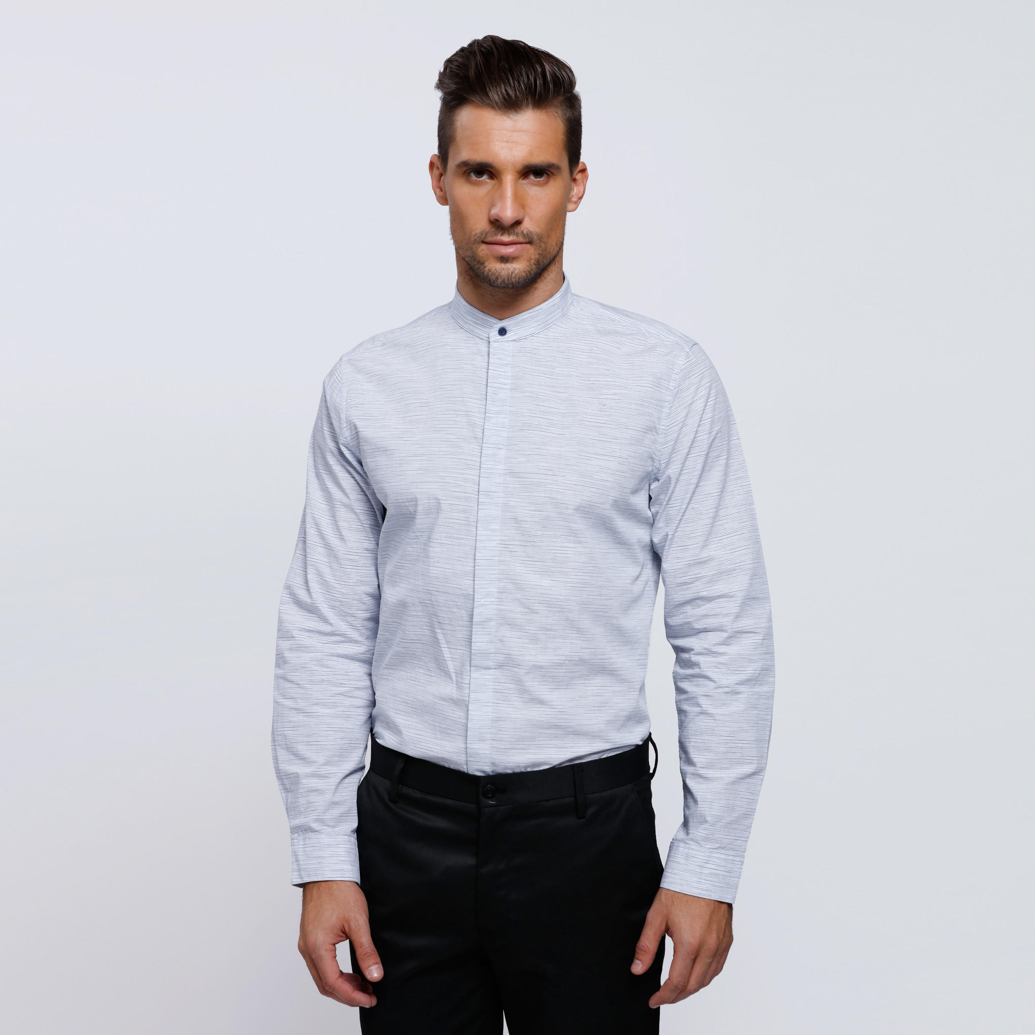 Melange Print Shirt with Mandarin Collar and Long Sleeves-men-clothing-shirts-image-1