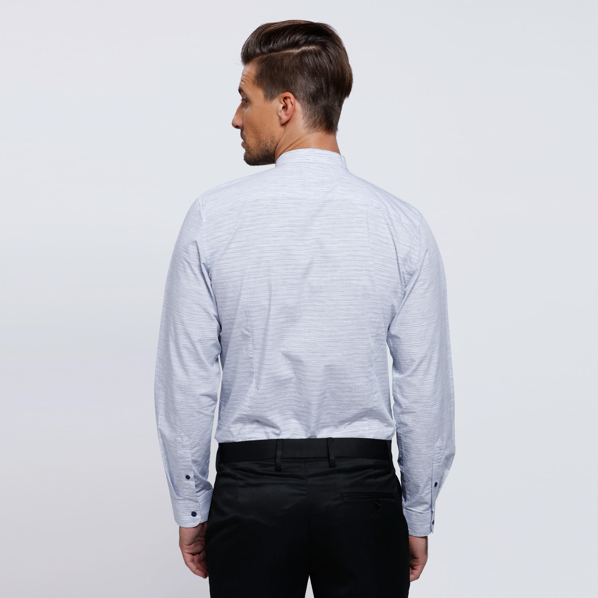 Melange Print Shirt with Mandarin Collar and Long Sleeves-men-clothing-shirts-image-2