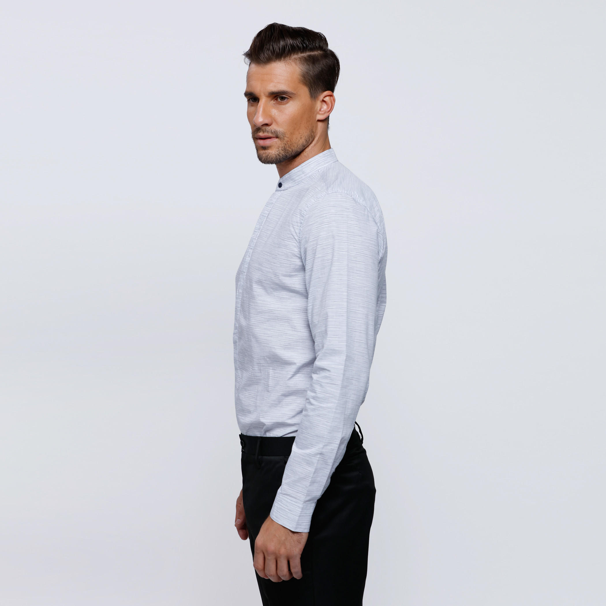 Melange Print Shirt with Mandarin Collar and Long Sleeves-men-clothing-shirts-image-3