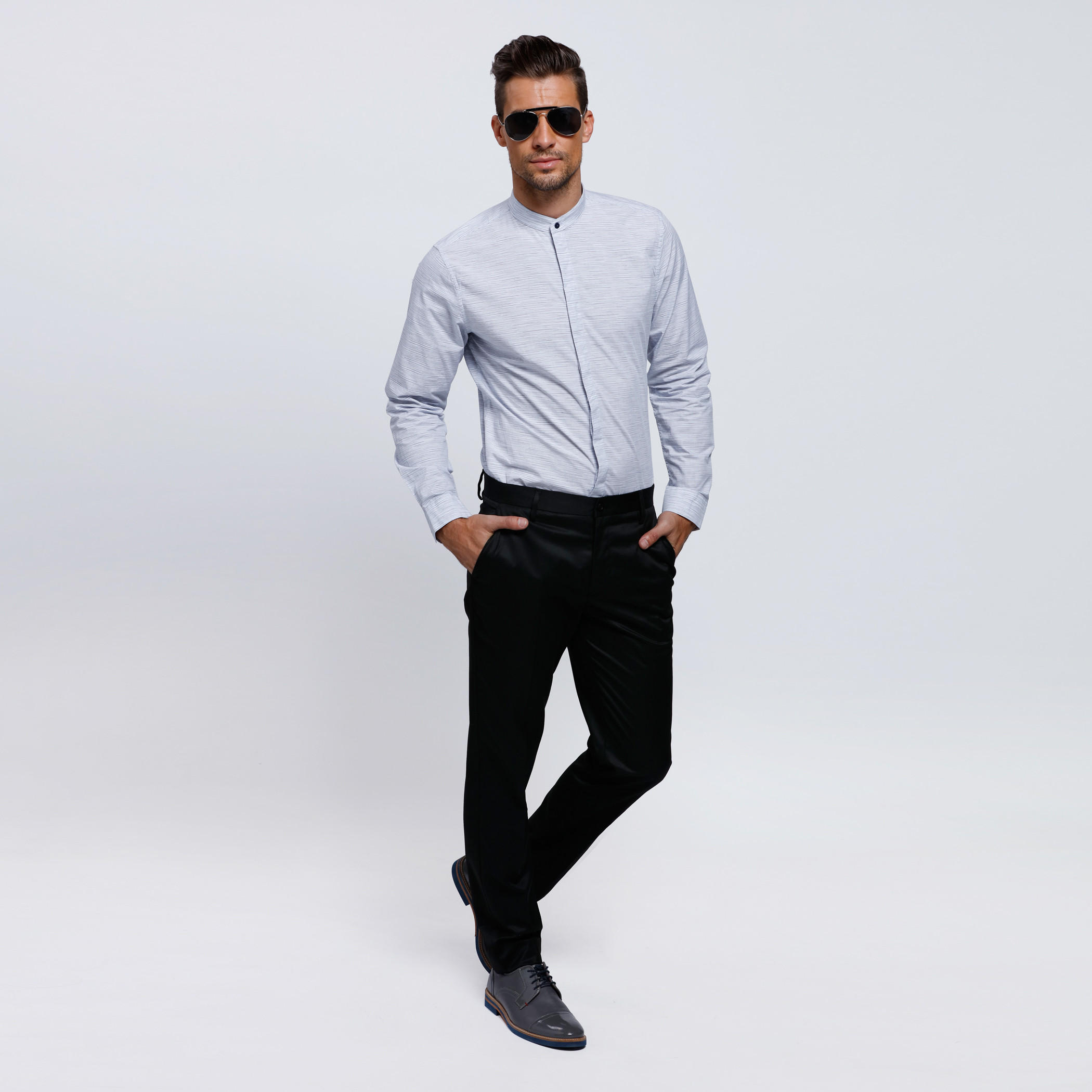 Melange Print Shirt with Mandarin Collar and Long Sleeves-men-clothing-shirts-image-5
