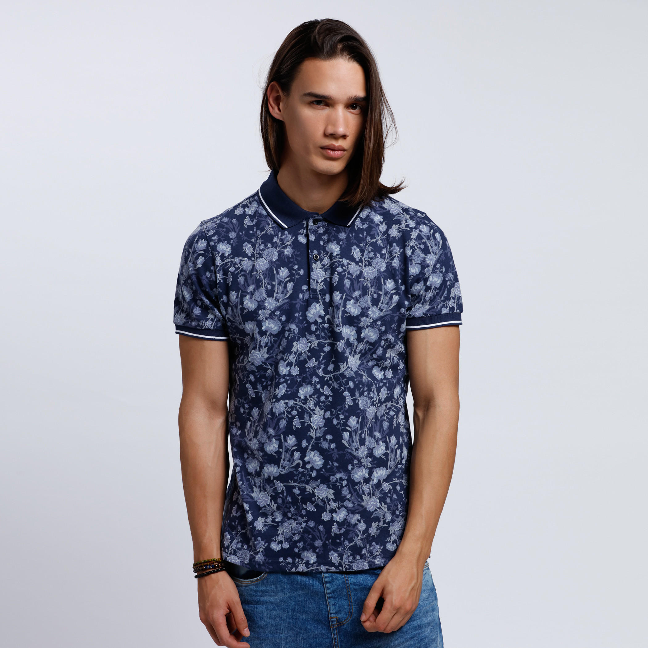 Organic Cotton Printed Polo Neck T-Shirt with Short Sleeves-men-clothing-tshirtsandpolos-polos-image-1