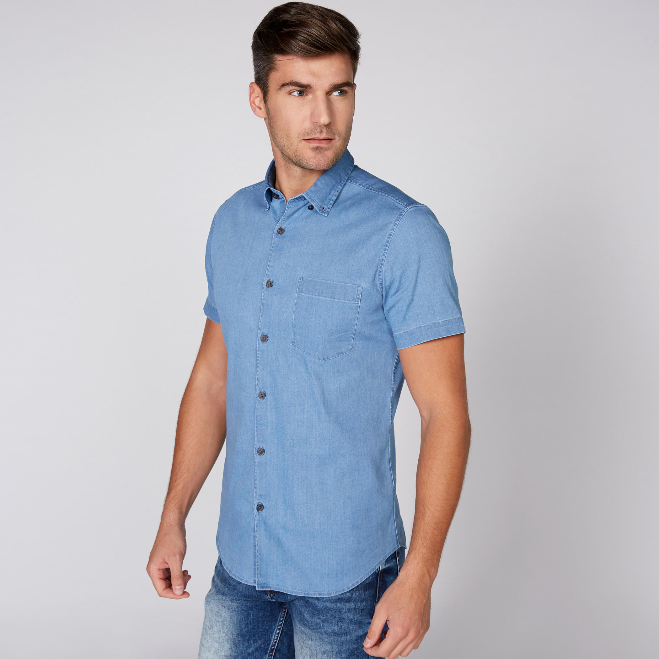 Denim Shirt with Short Sleeves and Complete Placket-men-clothing-shirts-image-1
