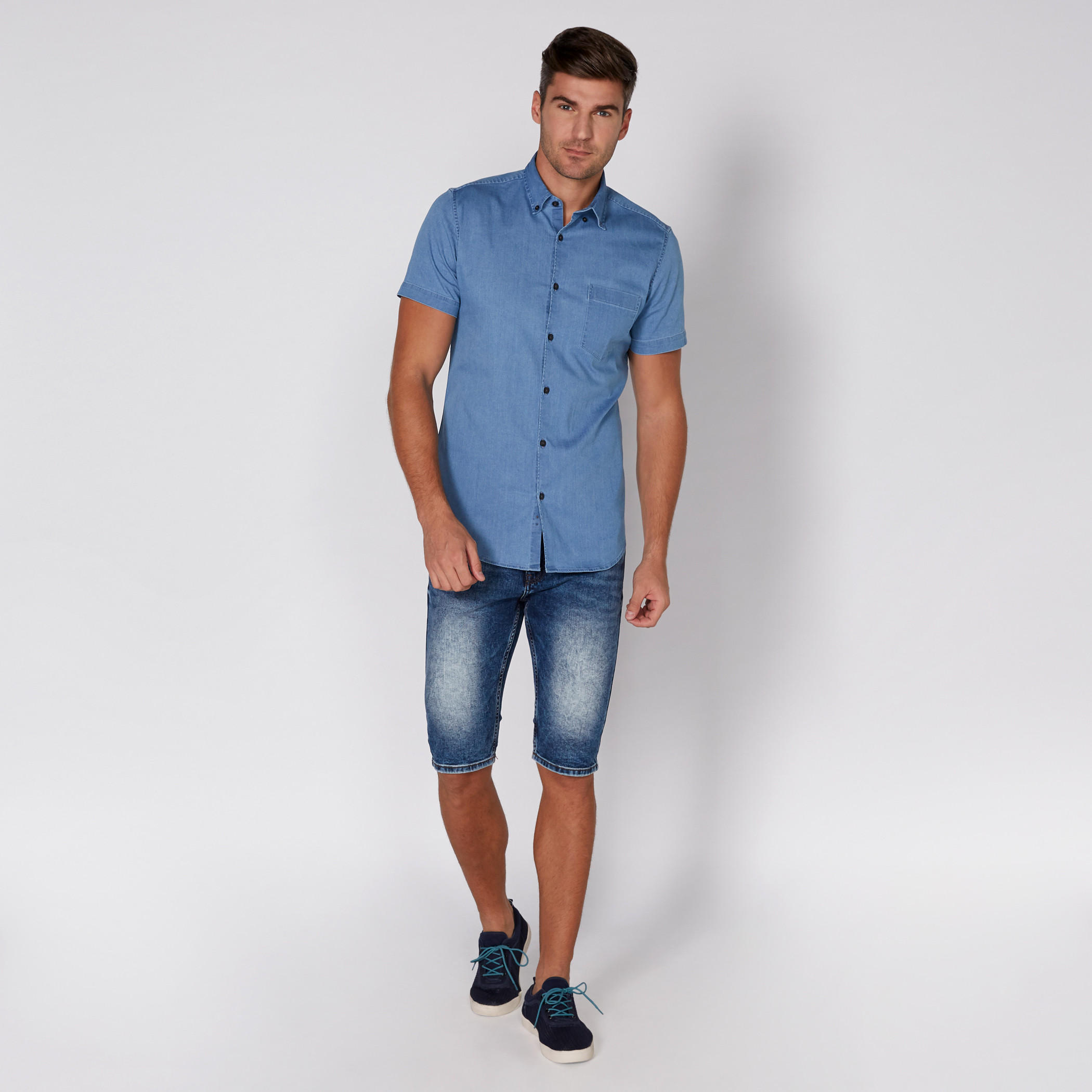 Denim Shirt with Short Sleeves and Complete Placket-men-clothing-shirts-image-2