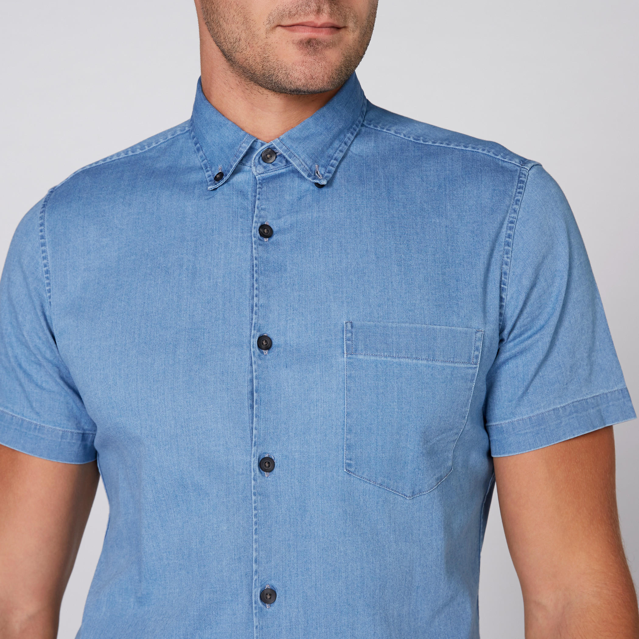 Denim Shirt with Short Sleeves and Complete Placket-men-clothing-shirts-image-3