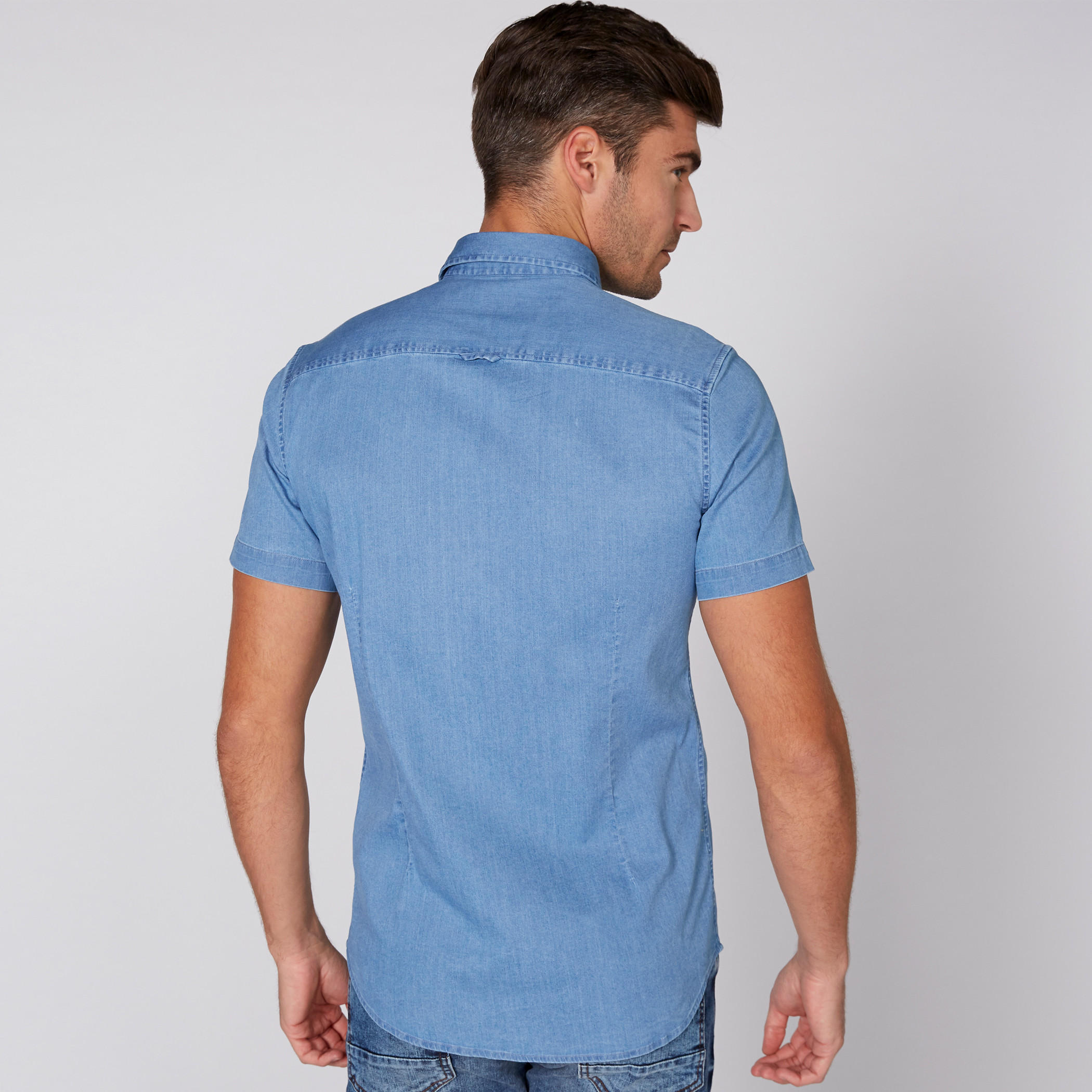 Denim Shirt with Short Sleeves and Complete Placket-men-clothing-shirts-image-4