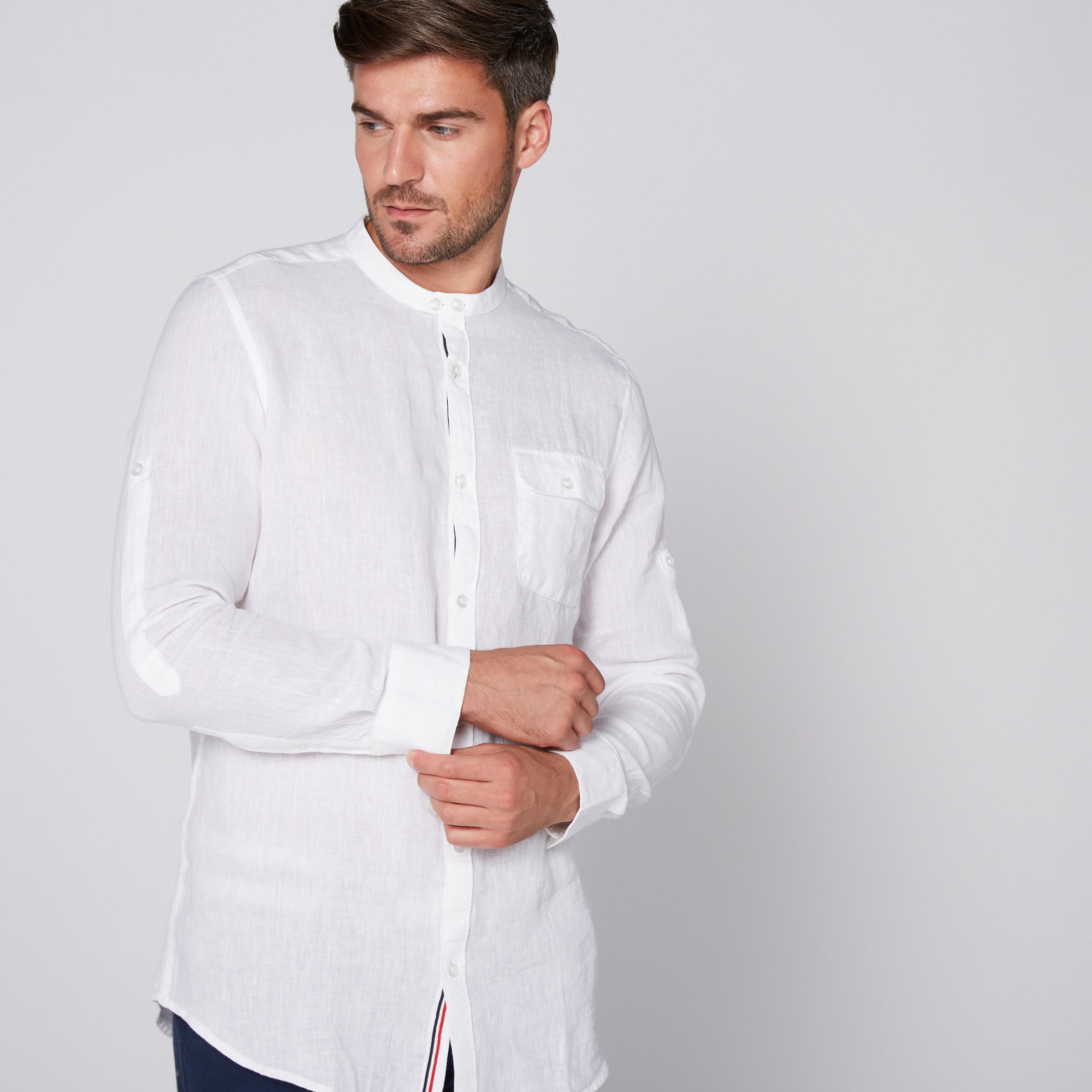 Mandarin Collar Shirt with Long Sleeves and Complete Placket-men-clothing-shirts-image-1