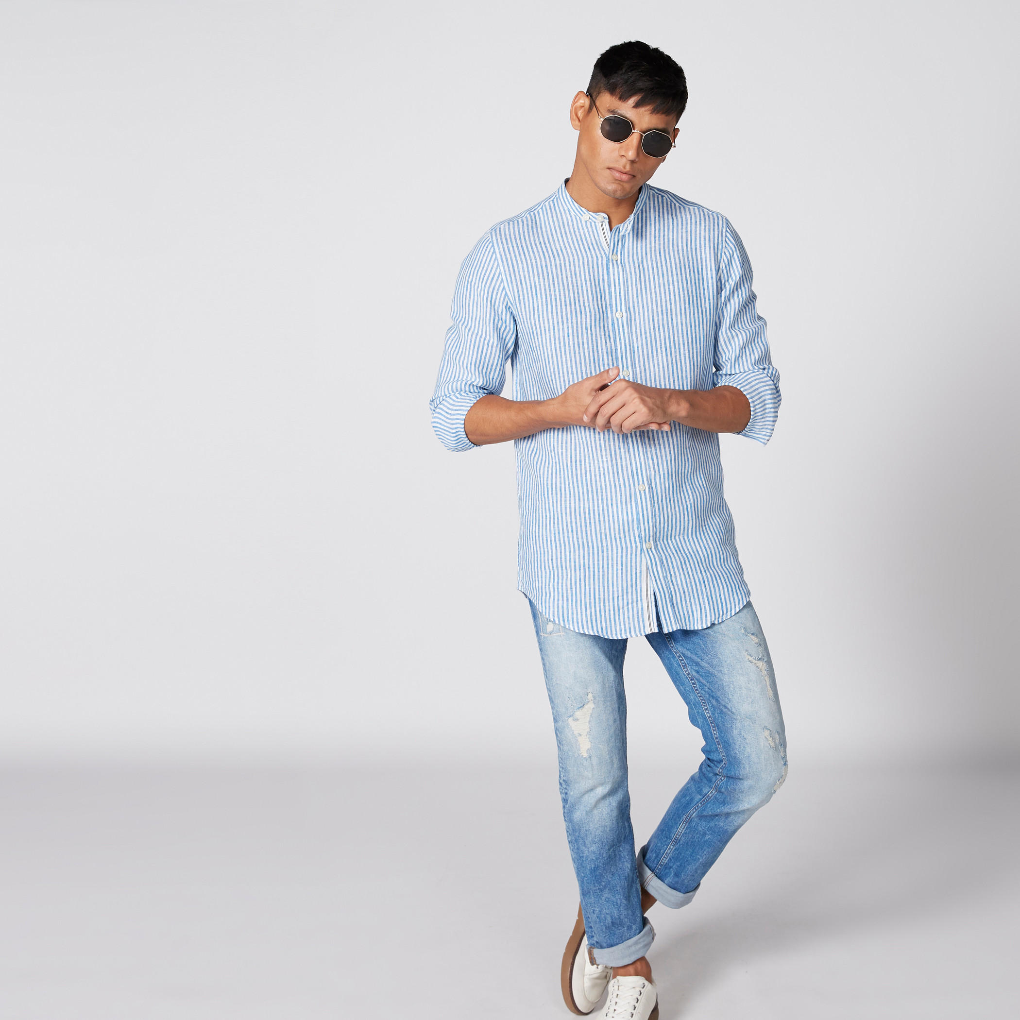 قميص مقلّم بأكمام طويلة وياقة ماندراين-men-clothing-shirts-image-1