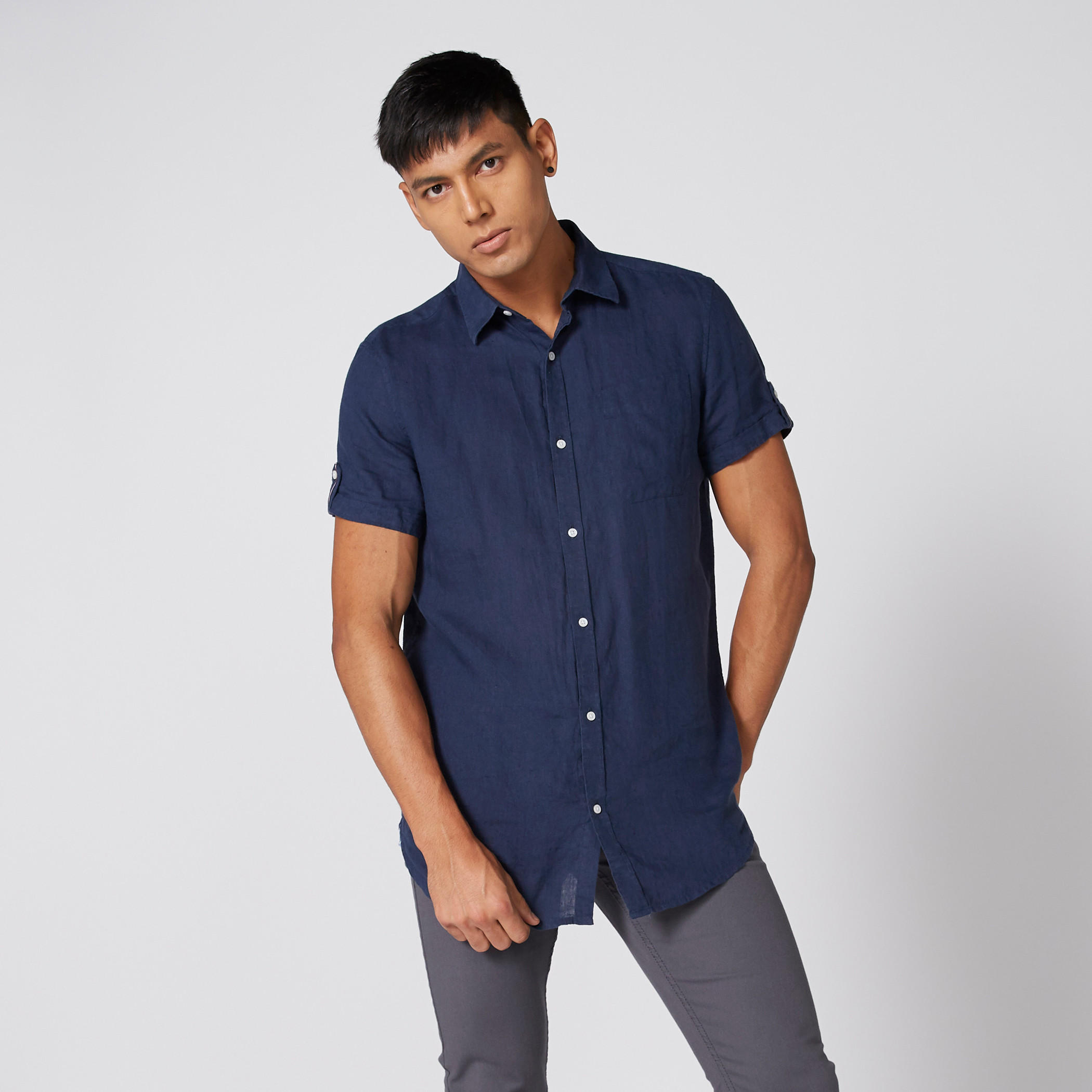 Collared Shirt with Short Sleeves and Complete Placket-men-clothing-shirts-image-3