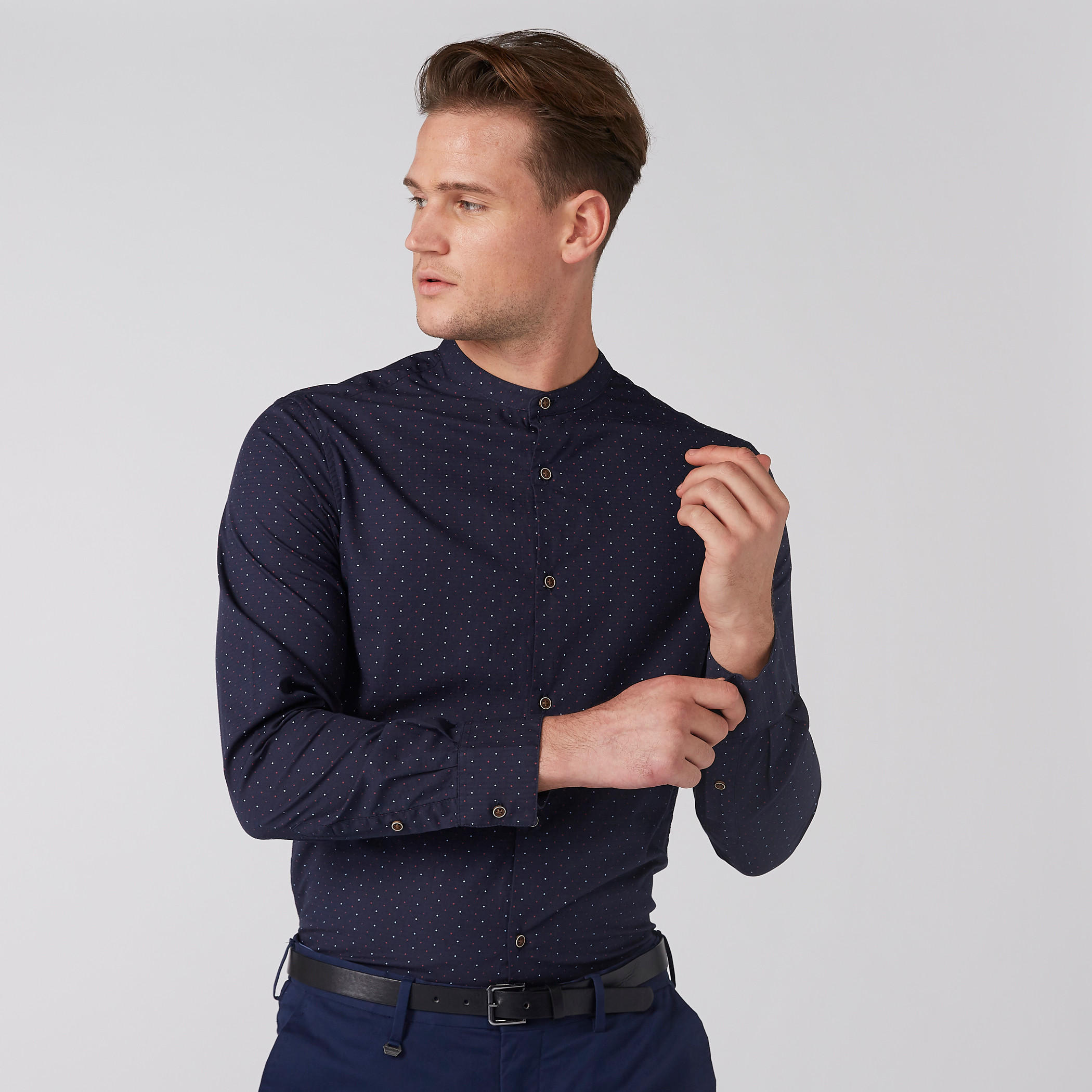 Printed Mandarin Collar Shirt with Long Sleeves and Complete Placket-men-clothing-shirts-image-1