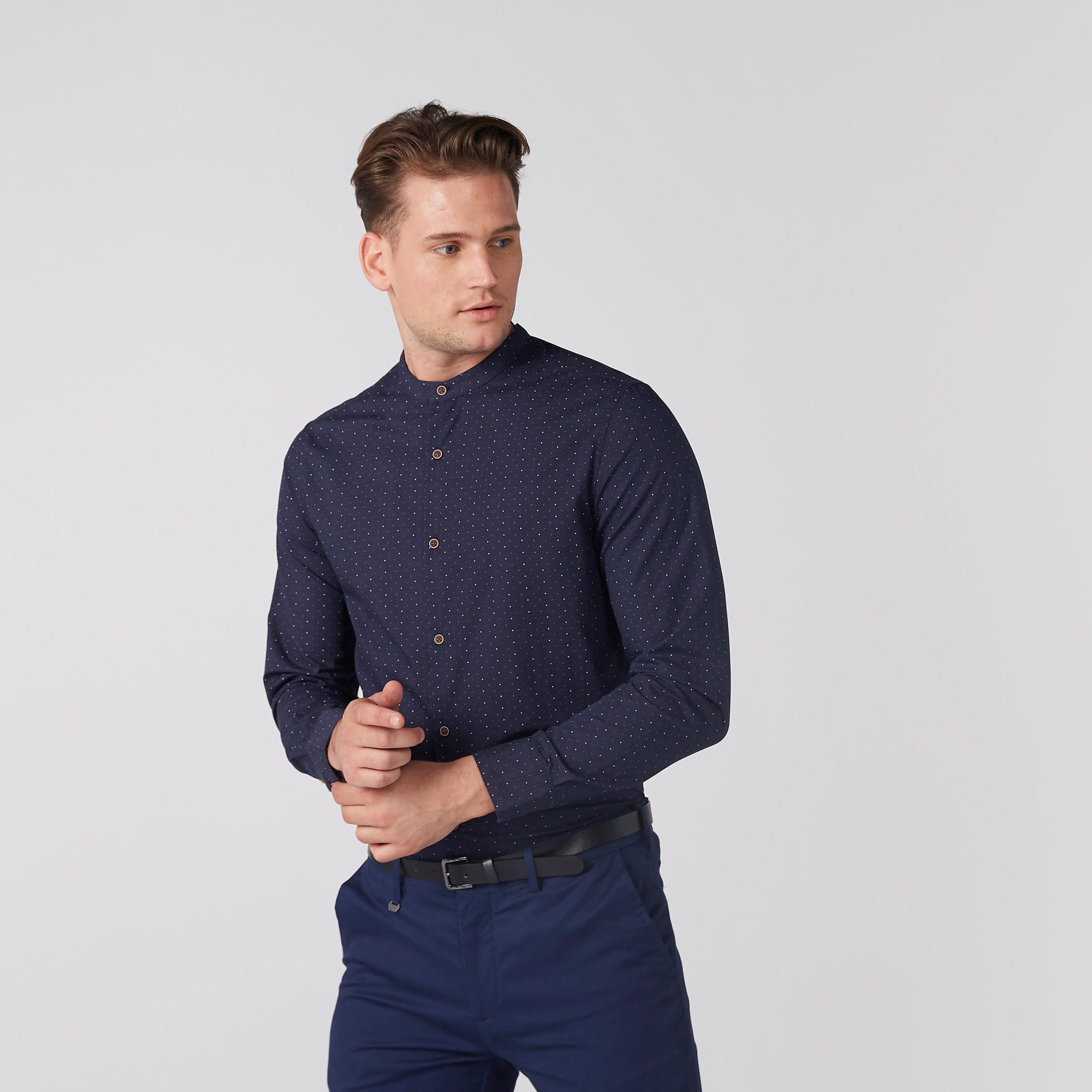 Printed Mandarin Collar Shirt with Long Sleeves and Complete Placket-men-clothing-shirts-image-3