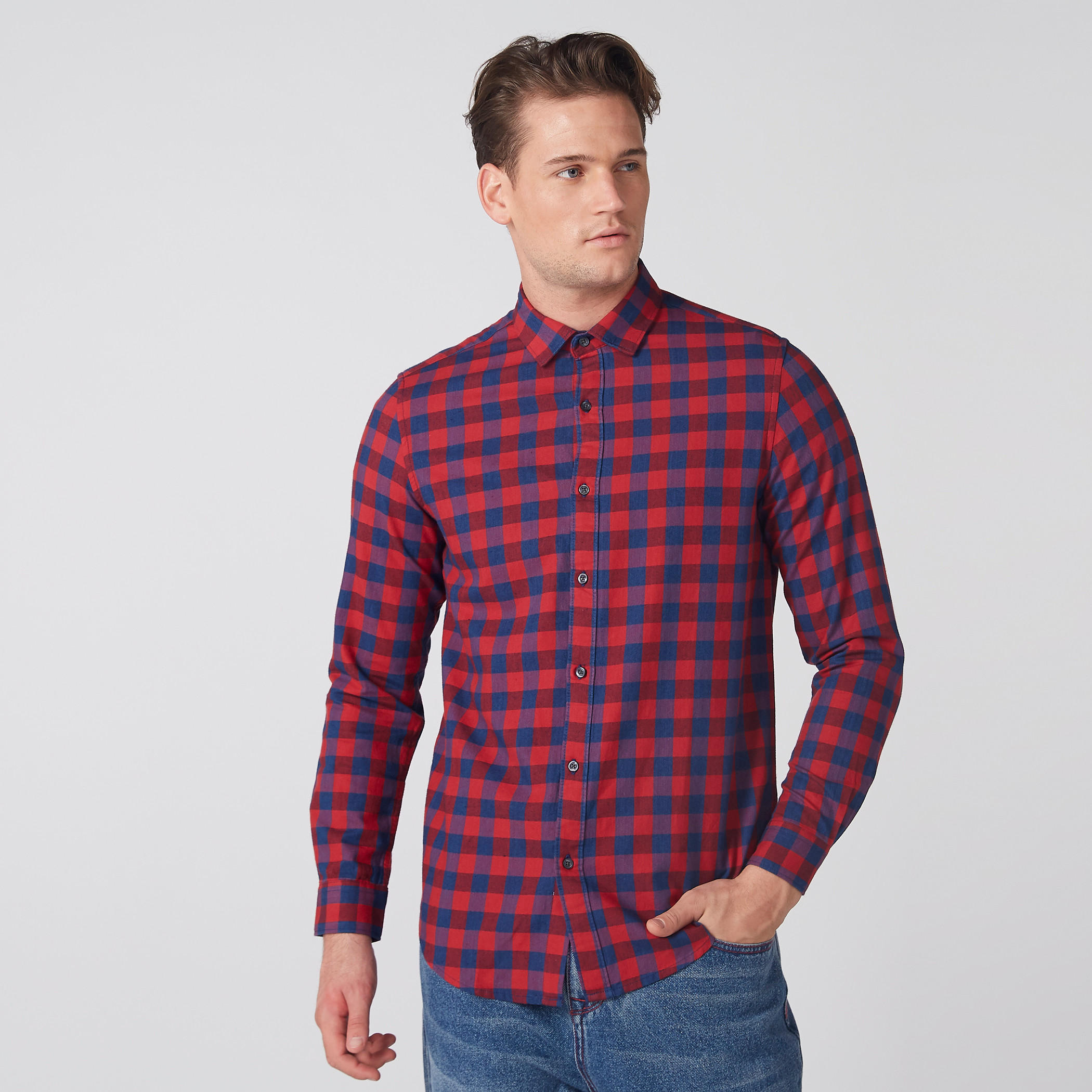 قميص كاروهات بأكمام طويلة ووصلة أزرار كاملة-men-clothing-shirts-image-2