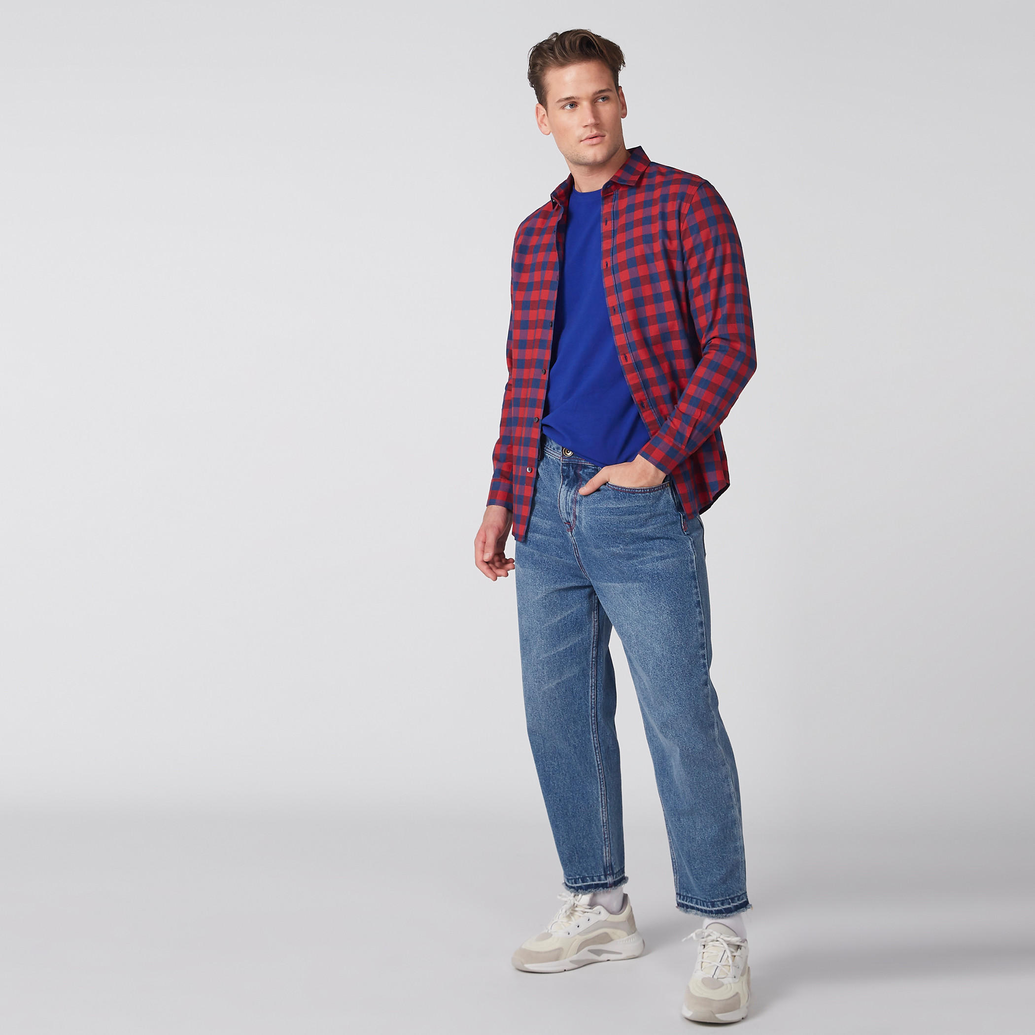 قميص كاروهات بأكمام طويلة ووصلة أزرار كاملة-men-clothing-shirts-image-3