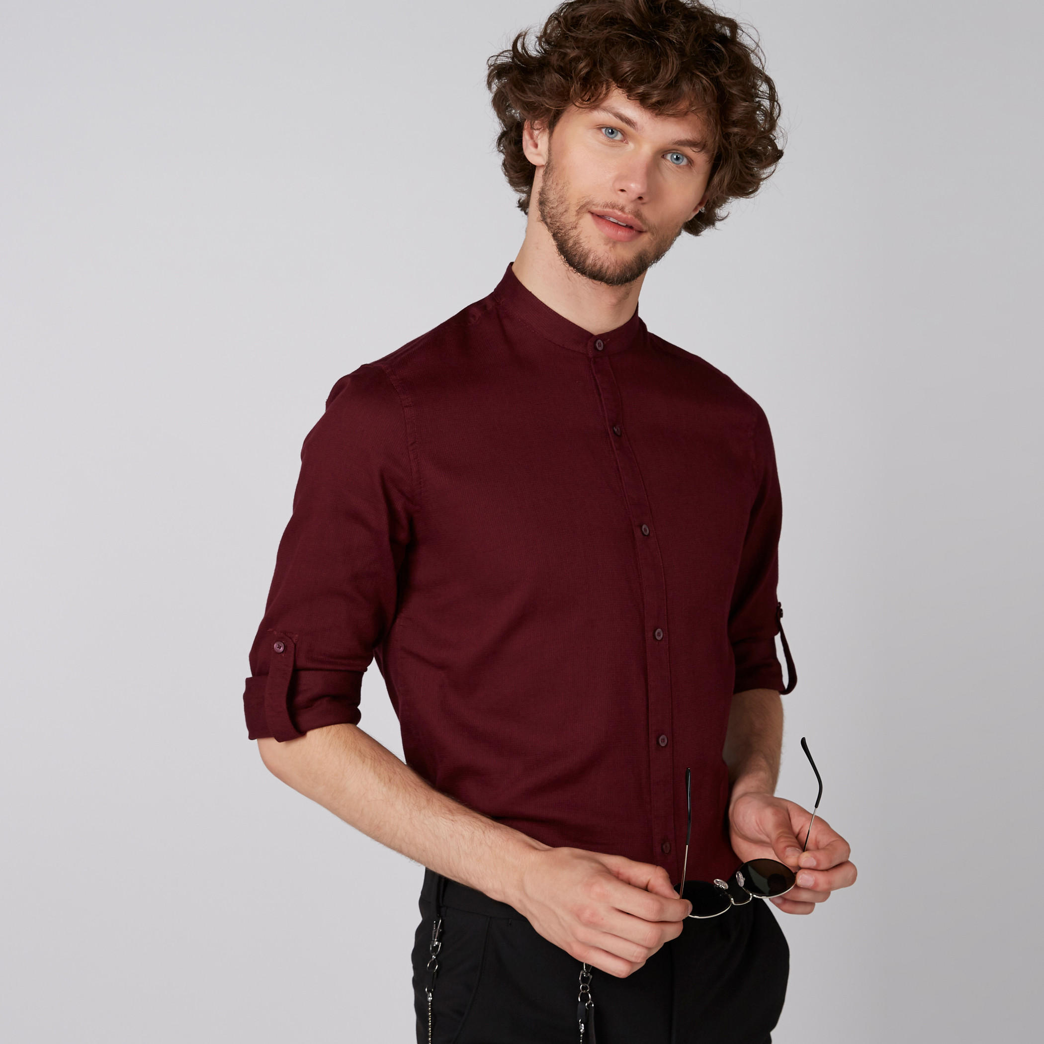 Mandarin Collar Shirt with Long Sleeves and Complete Placket-men-clothing-shirts-image-1