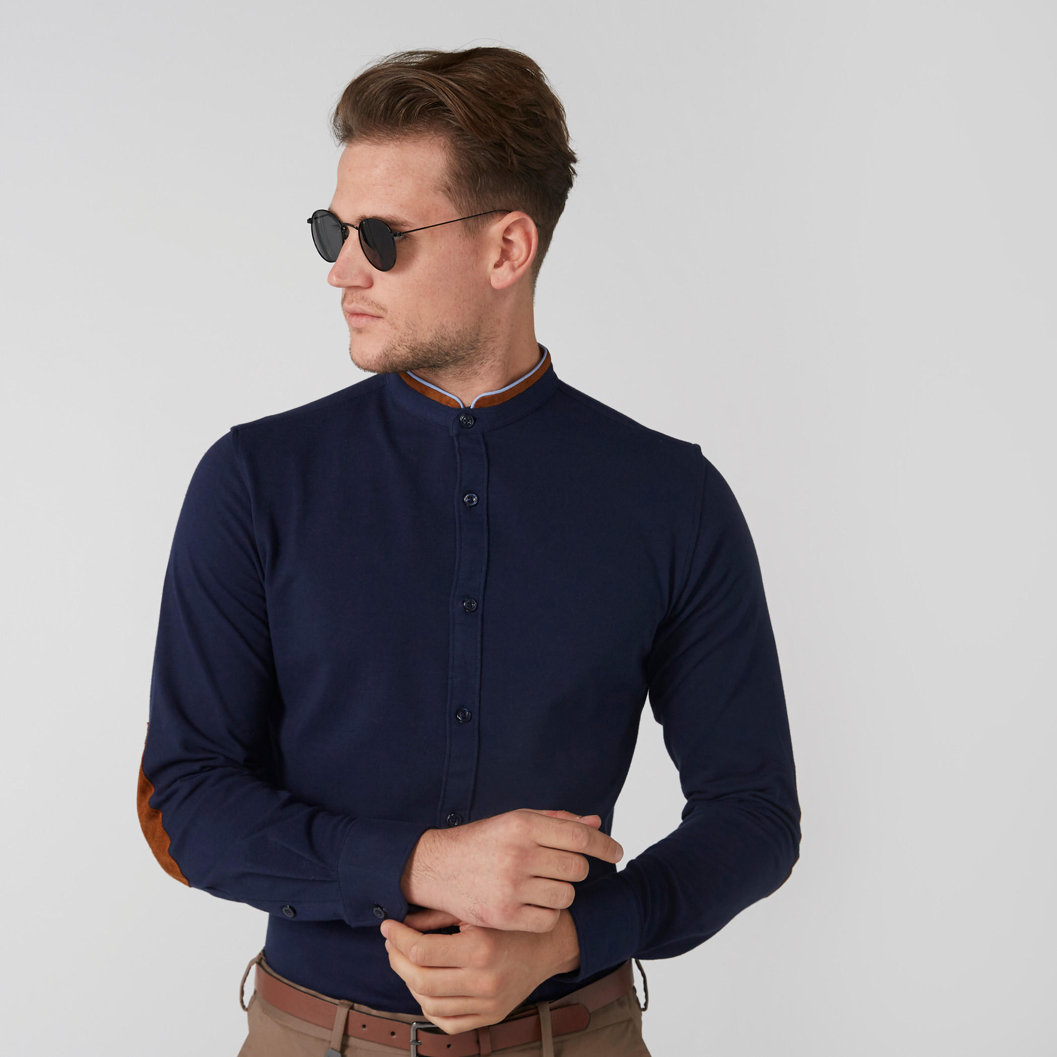 Mandarin Collar Shirt with Elbow Patch Long Sleeves-men-clothing-shirts-image-1
