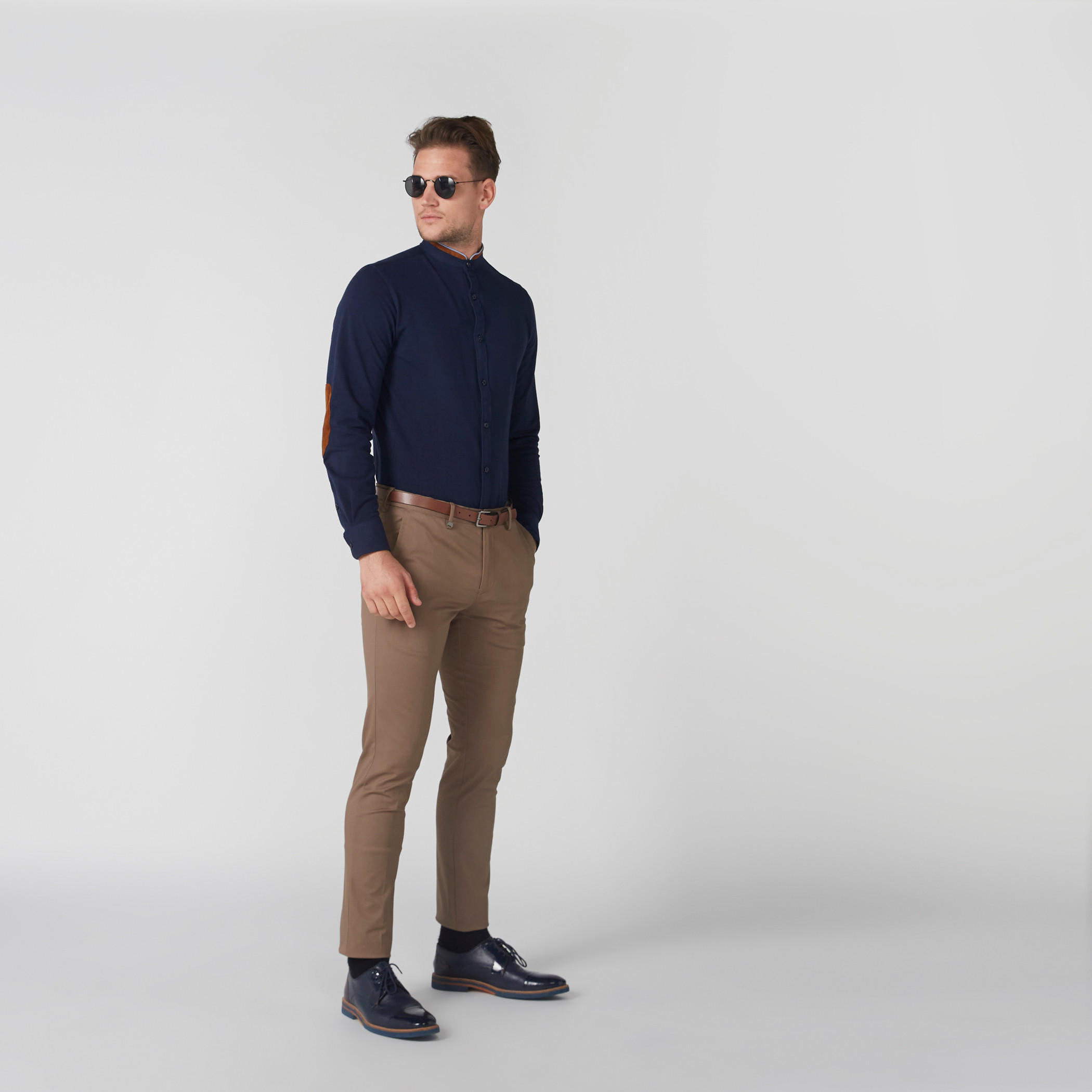 Mandarin Collar Shirt with Elbow Patch Long Sleeves-men-clothing-shirts-image-2