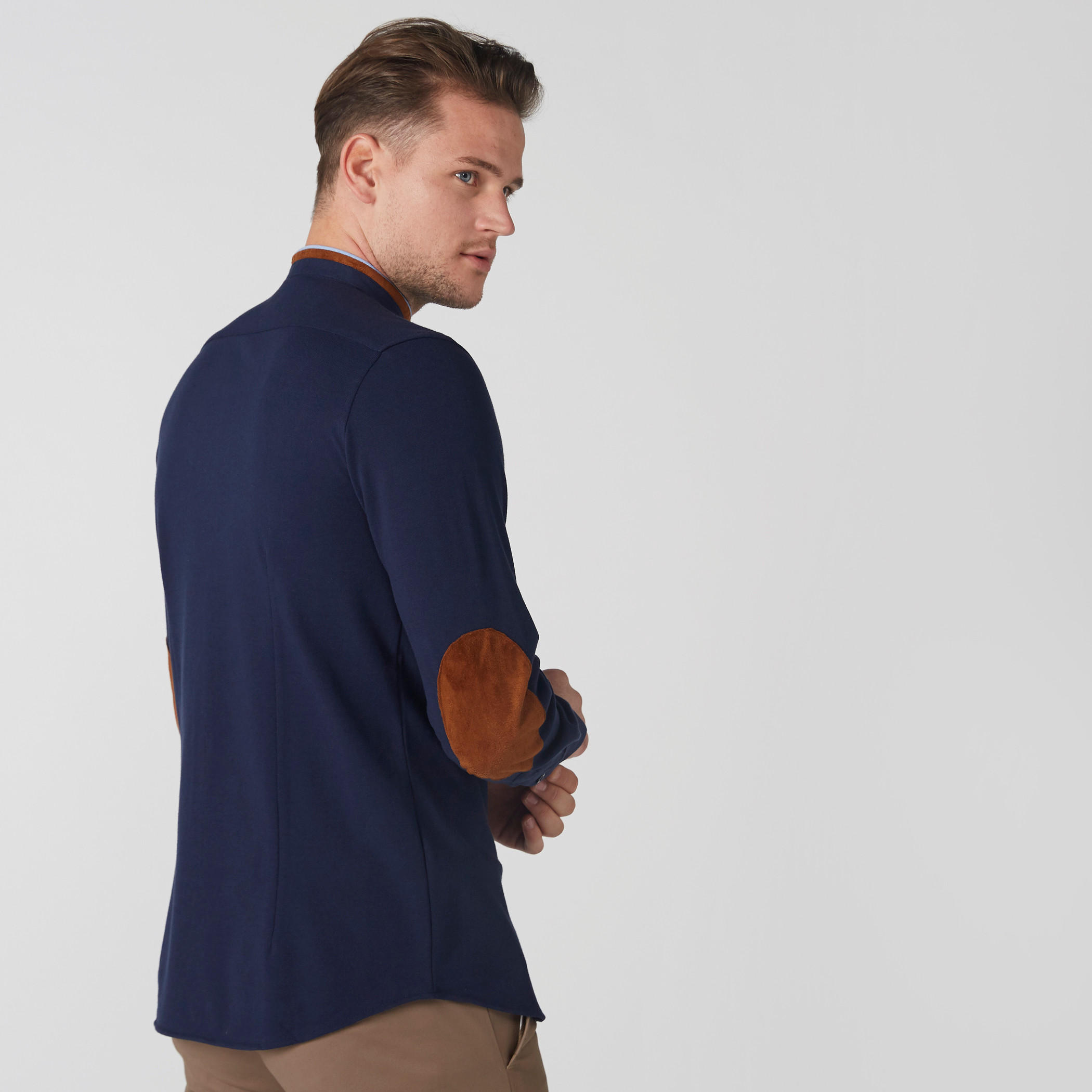 Mandarin Collar Shirt with Elbow Patch Long Sleeves-men-clothing-shirts-image-3