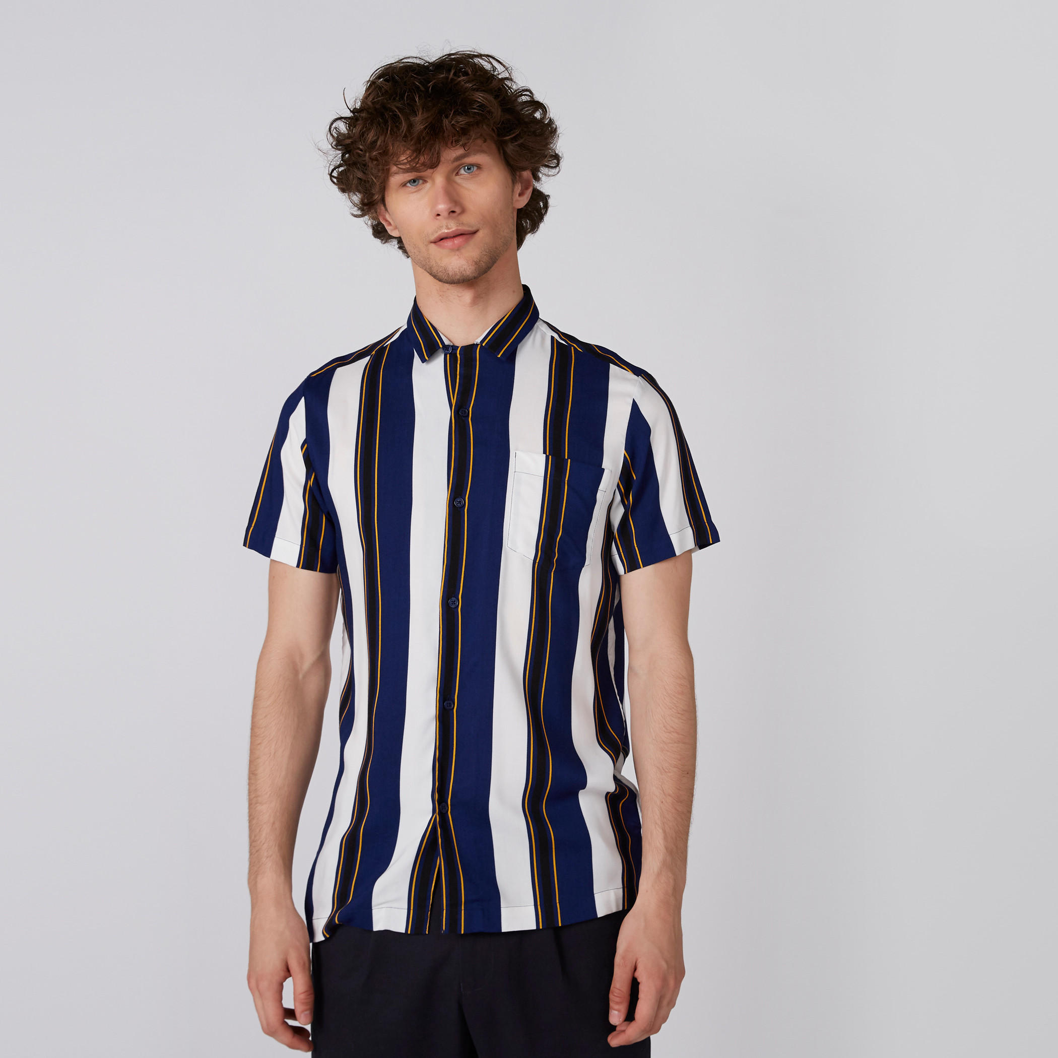 Striped Shirt with Short Sleeves and Complete Placket-men-clothing-shirts-image-1