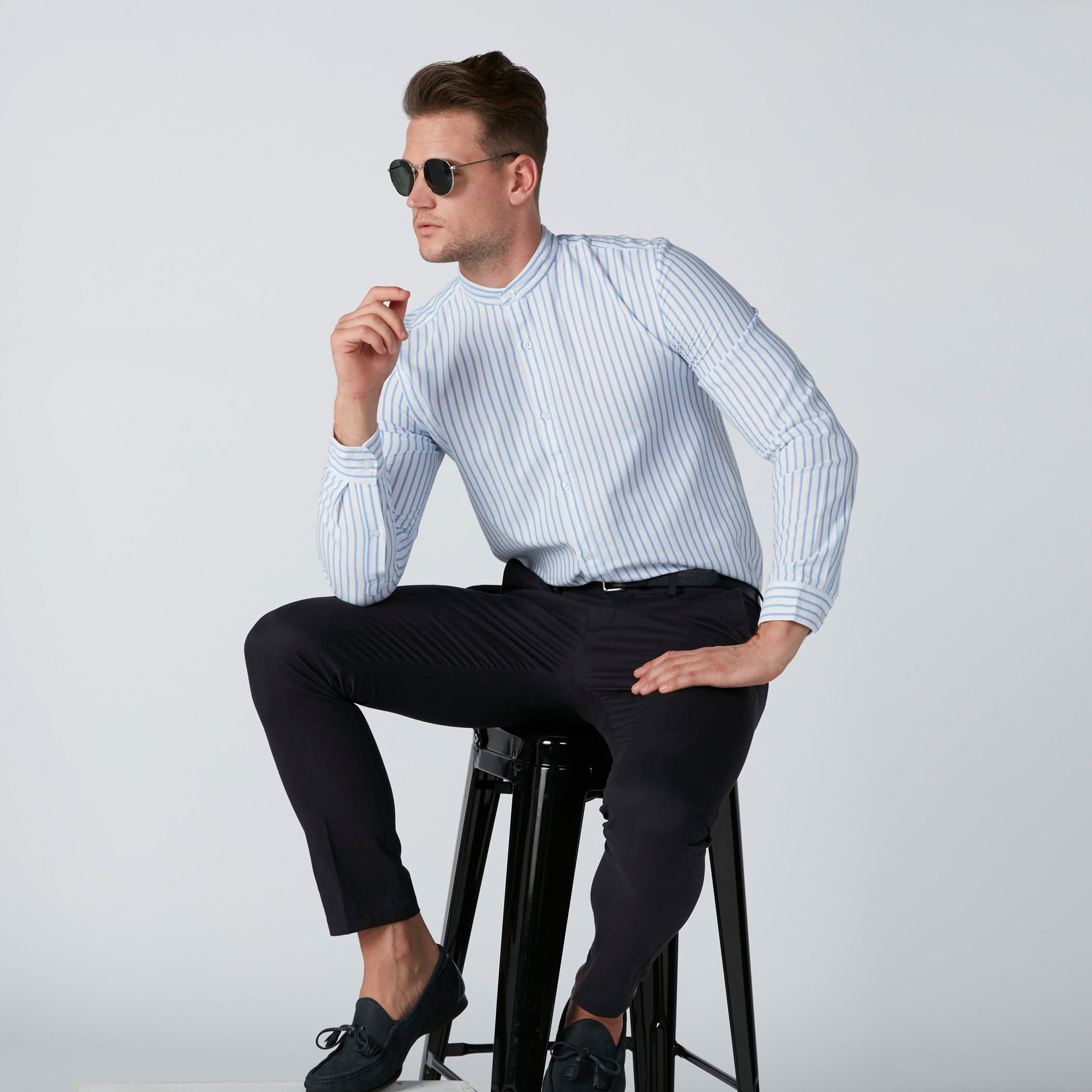 قميص مقلّم بياقة ماندارين وأكمام طويلة-men-clothing-shirts-image-1