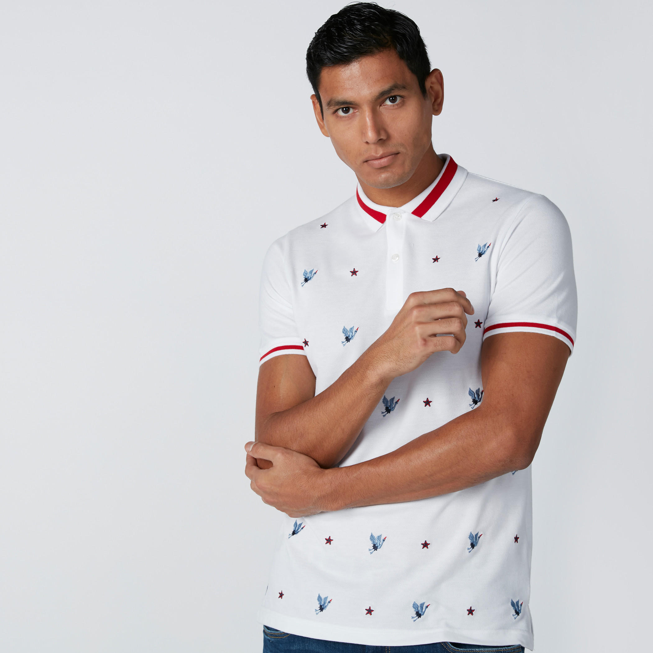 تيشيرت بياقة بولو وأكمام قصيرة وتطريز طائر-men-clothing-tshirtsandpolos-polos-image-1