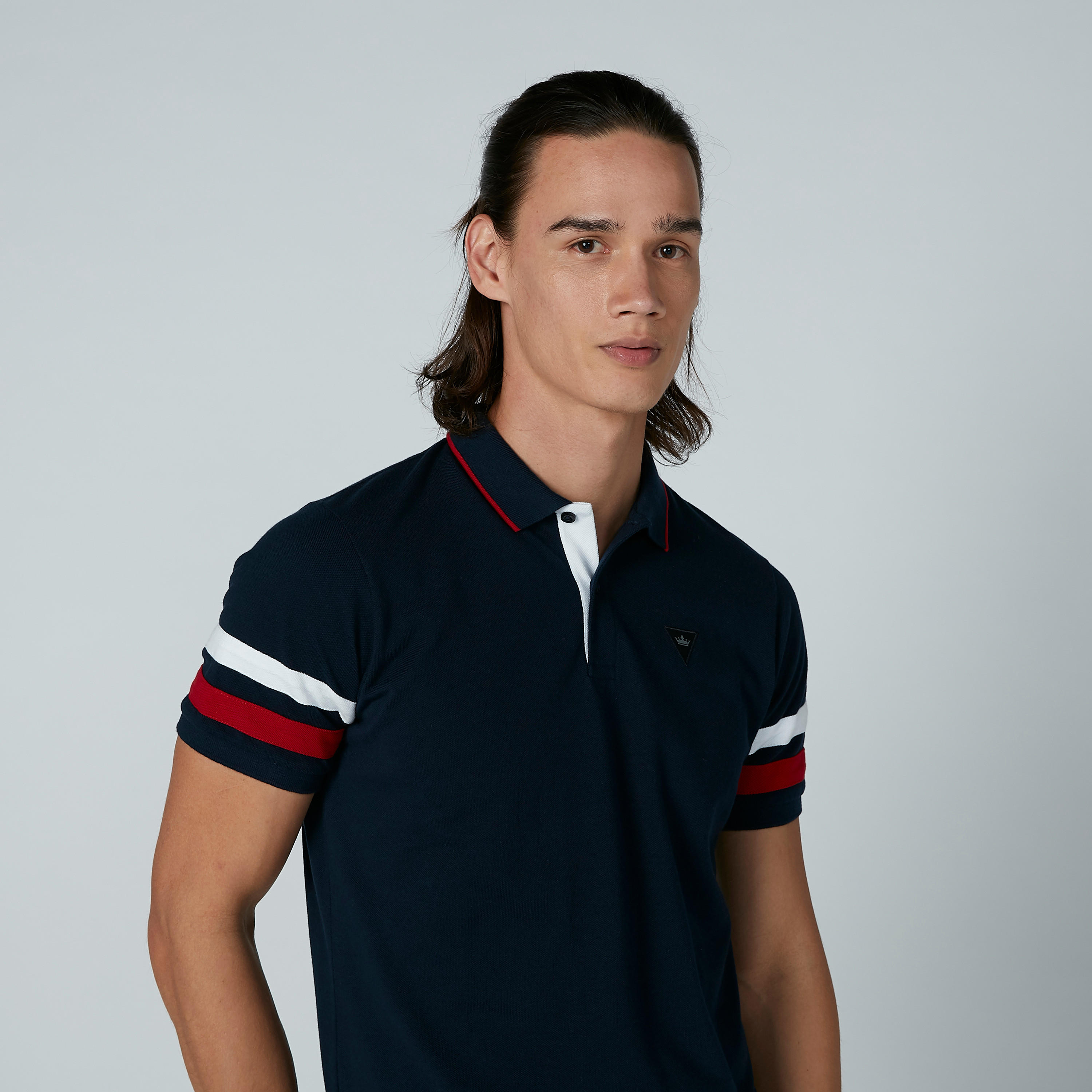 Plain T-Shirt with Polo Neck and Striped Sleeves-men-clothing-tshirtsandpolos-polos-image-1